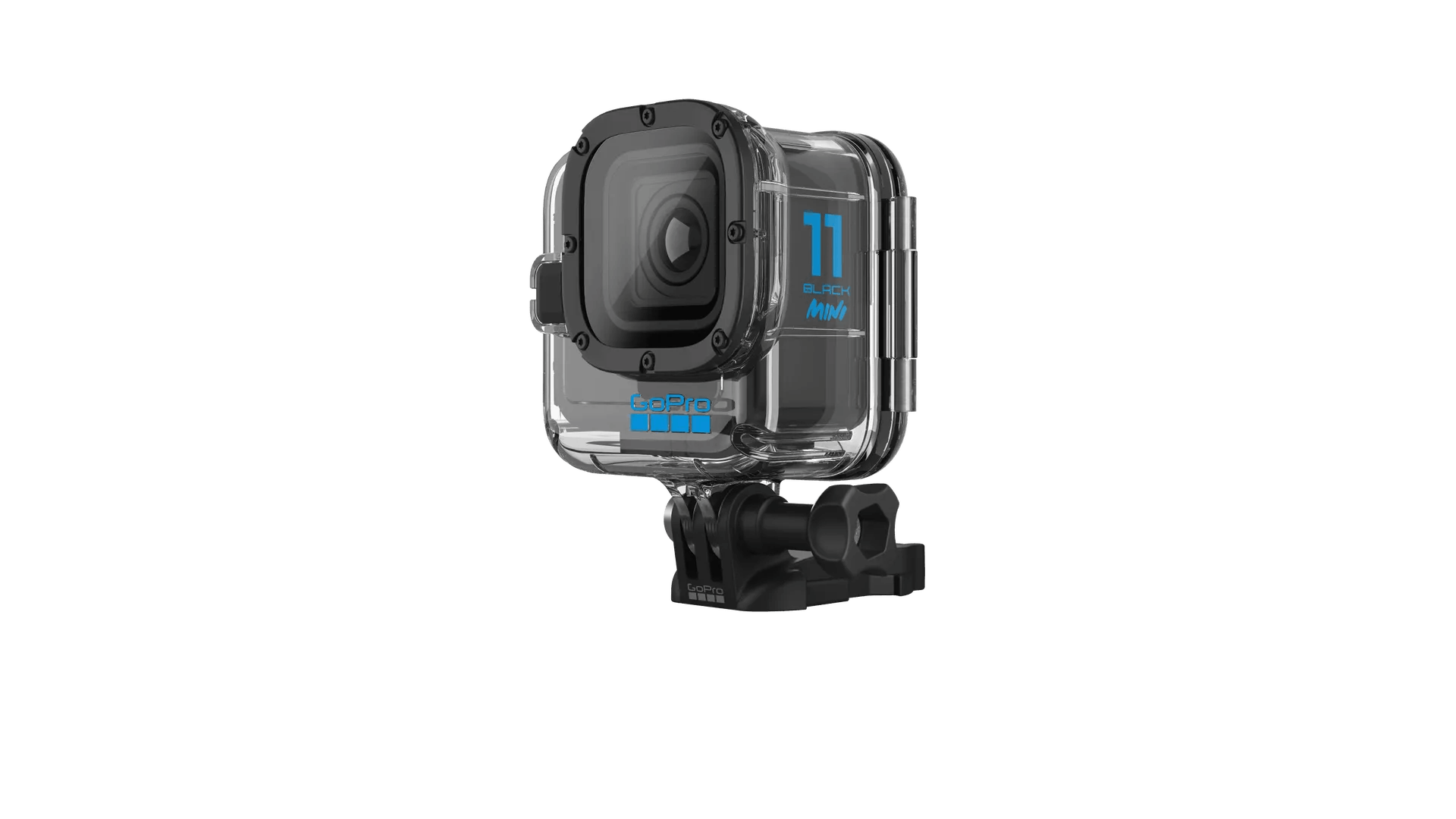 Cámara GoPro Hero 11 Black Mini en una carcasa resistente al agua. Cámara negra con texto azul, sobre fondo negro.