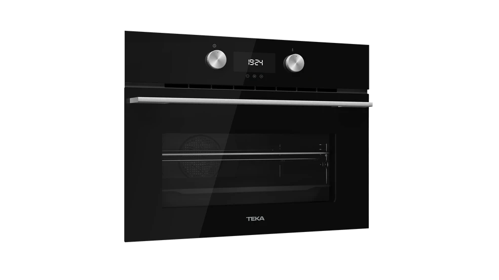 Un horno empotrado negro con una pantalla digital que muestra la hora y dos perillas.