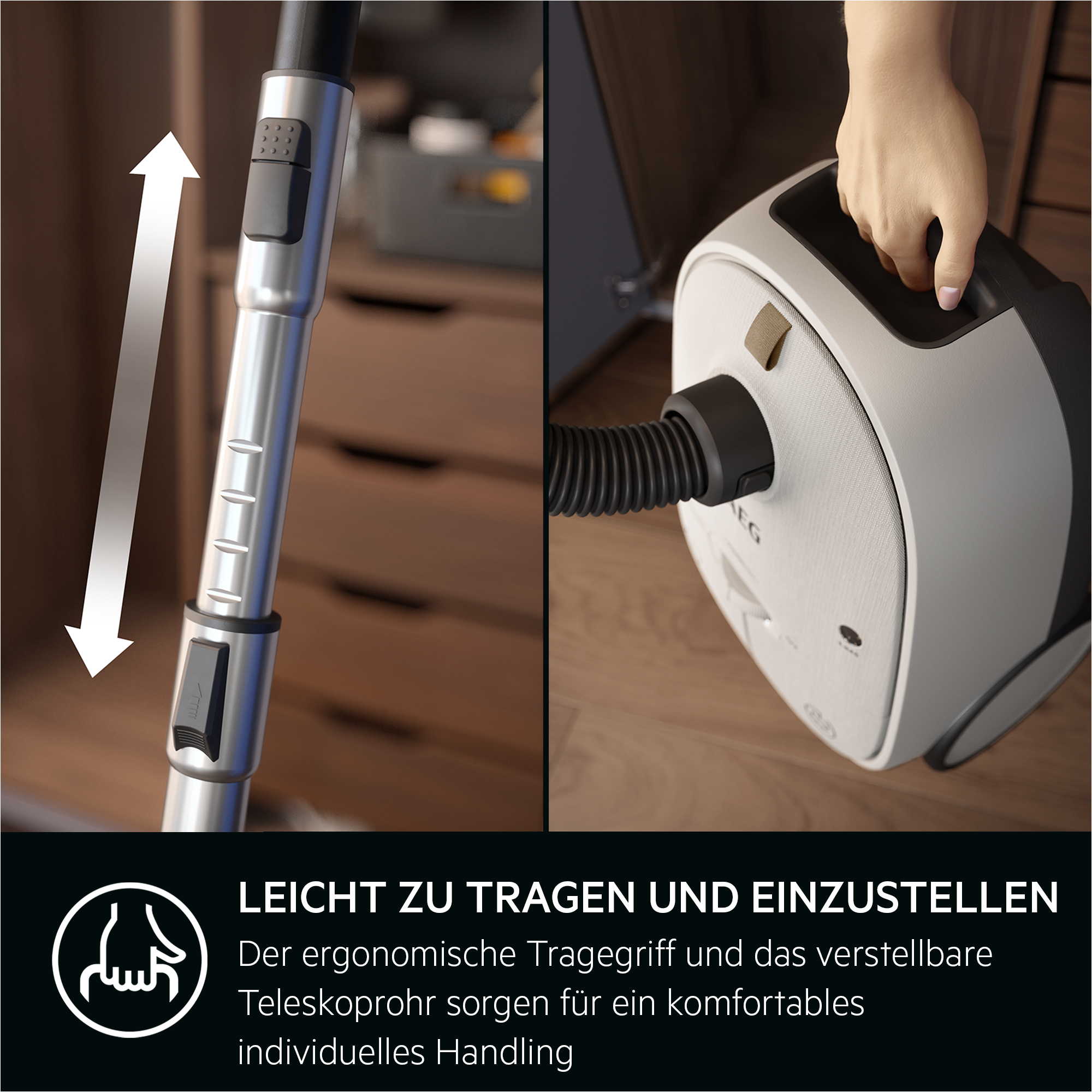 Details zum Staubsauger. Das Bild zeigt den Griff, das verstellbare Rohr und den Körper des Geräts.