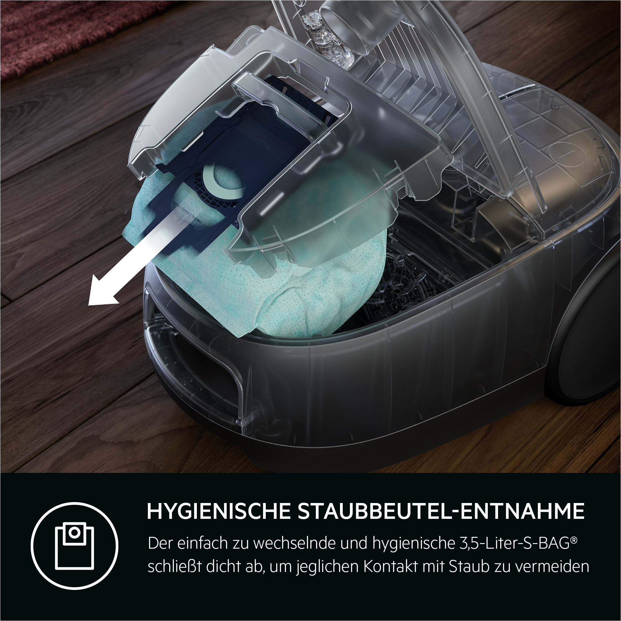 Staubsauger mit hellblauem Staubbeutel, der entnommen wird. Text auf Deutsch.