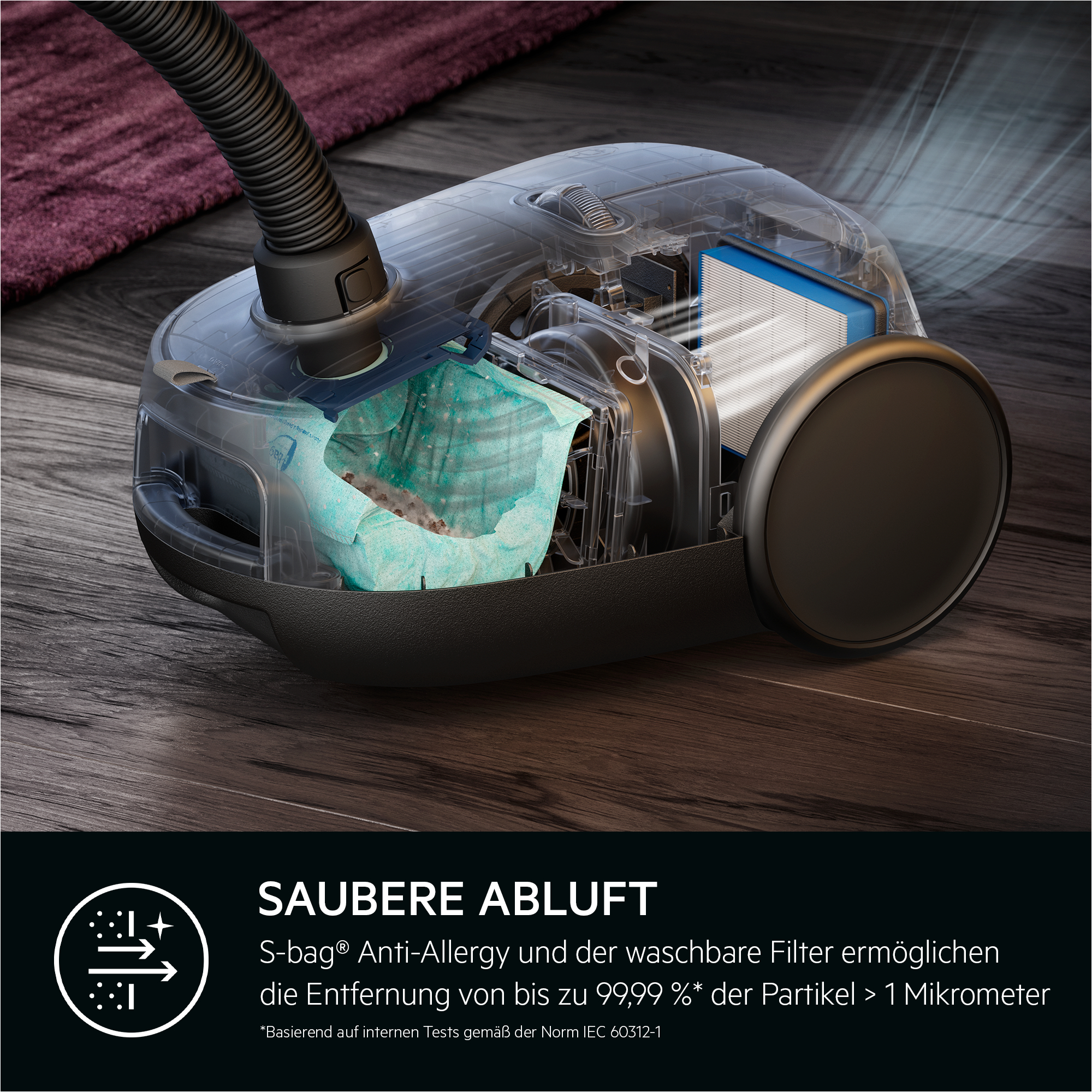 Staubsauger. Transparenter Körper mit Filter. Text: Reine Luft. S-bag Anti-Allergie.