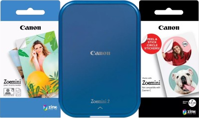 Photo du produit de papier photo Canon et de l'imprimante Zoemini, avec des autocollants à droite.