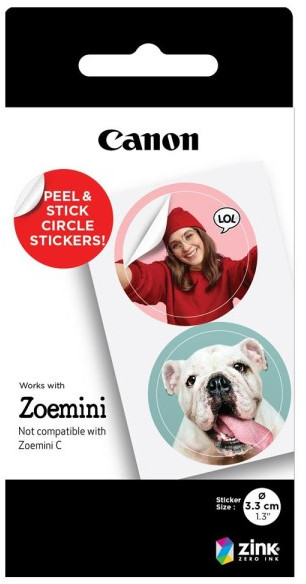 Pack d'autocollants Canon avec une femme au chapeau rouge et un bouledogue. Fond blanc.