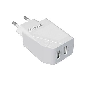 Cargador - Muvit MCACC0003, 18W, 2 USB, Carga rápida, 4.8A, Blanco