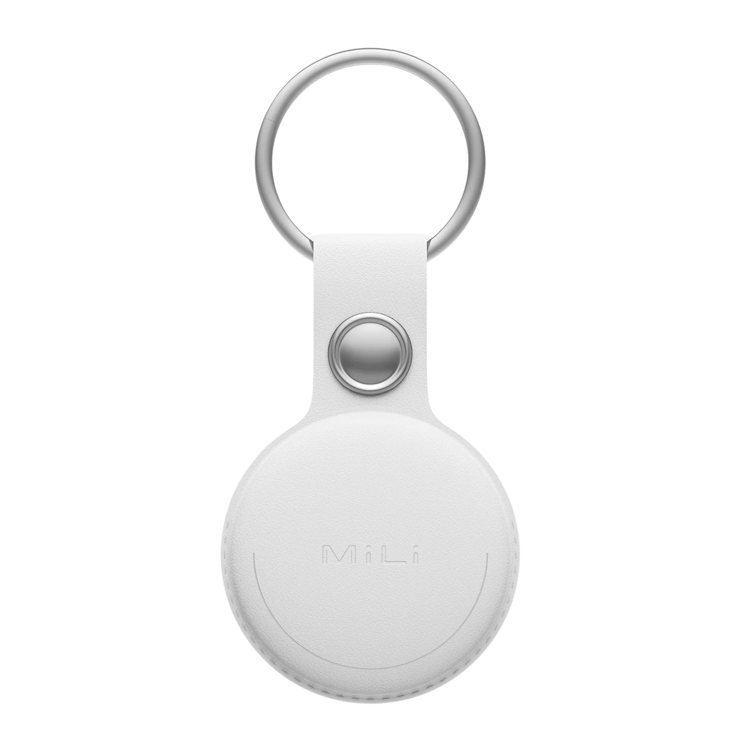 Een witte MiLi AirTag-houder met een zilveren sleutelhanger.