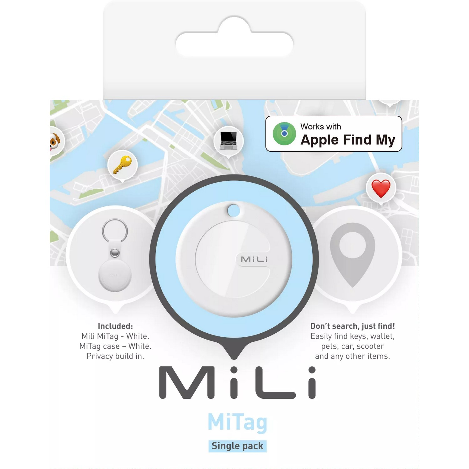 Witte MiLi MiTag tracker verpakking met kaart, iconen en het MiLi logo.