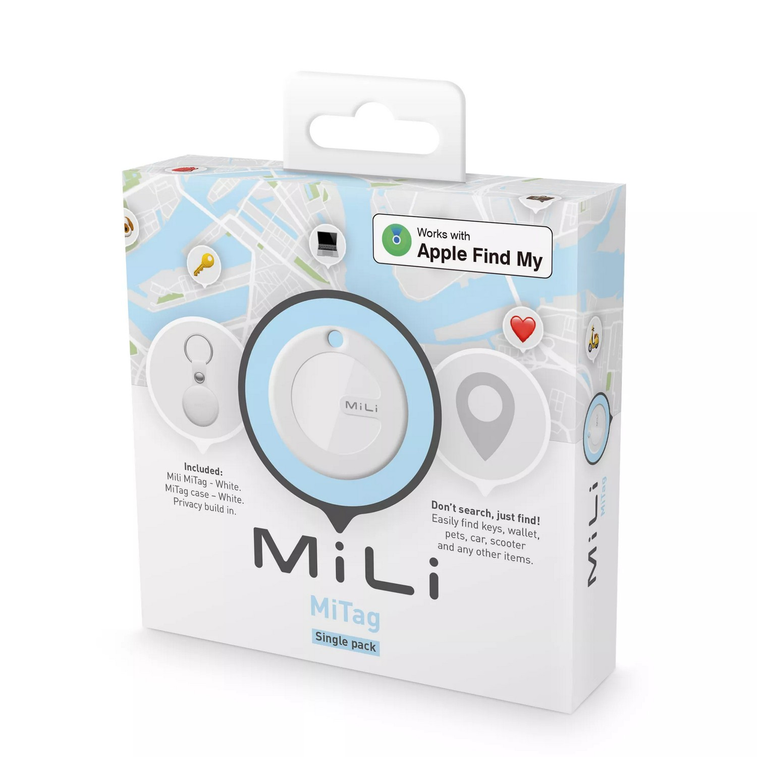 Witte MiLi MiTag doos. Een witte MiTag erin. Illustratie van een kaart met locatie. Apple Find My compatibel.
