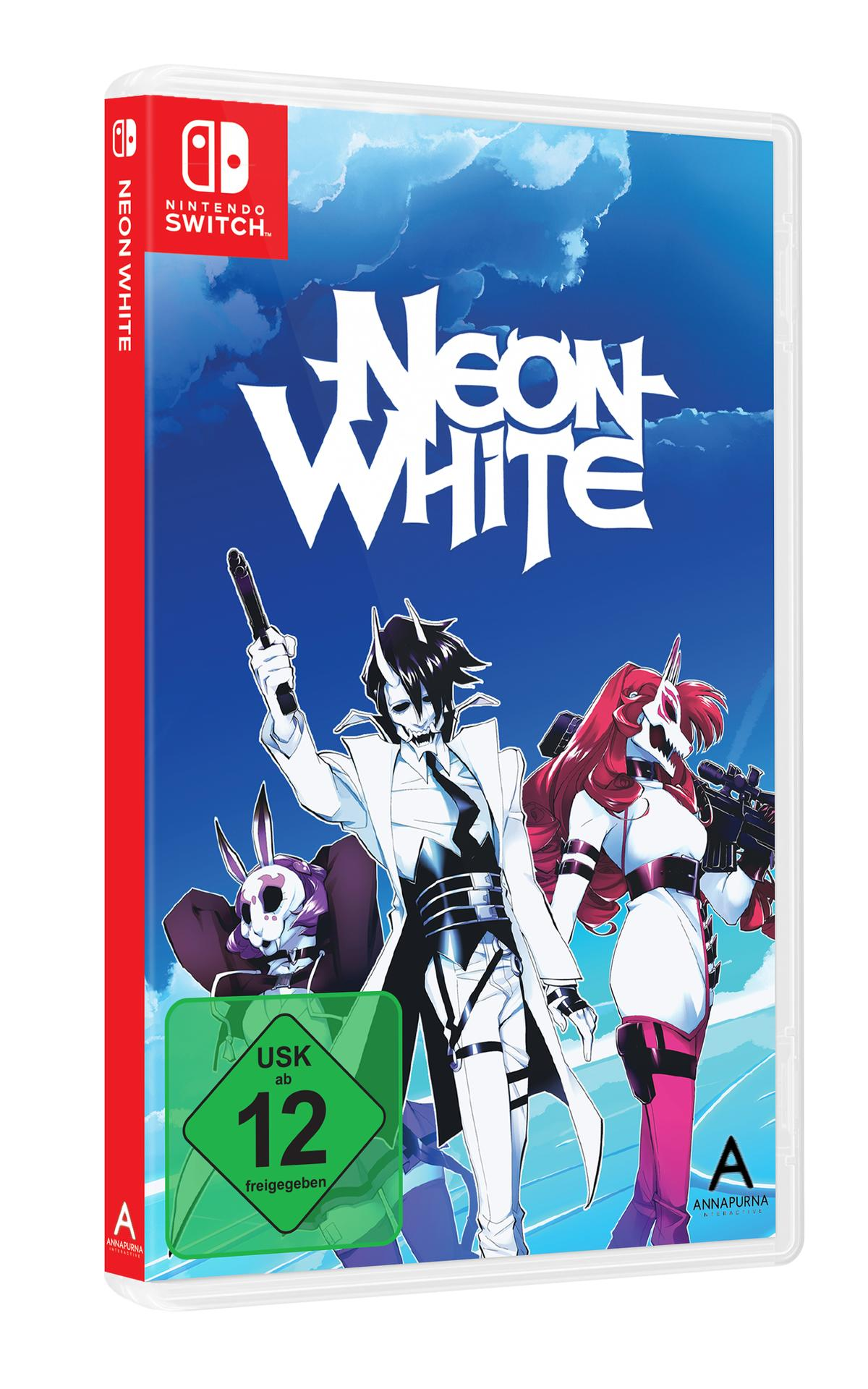Spielhülle mit Charakteren. Der Titel lautet 'Neon White'. Das Gehäuse hat einen USK 12 Aufkleber.