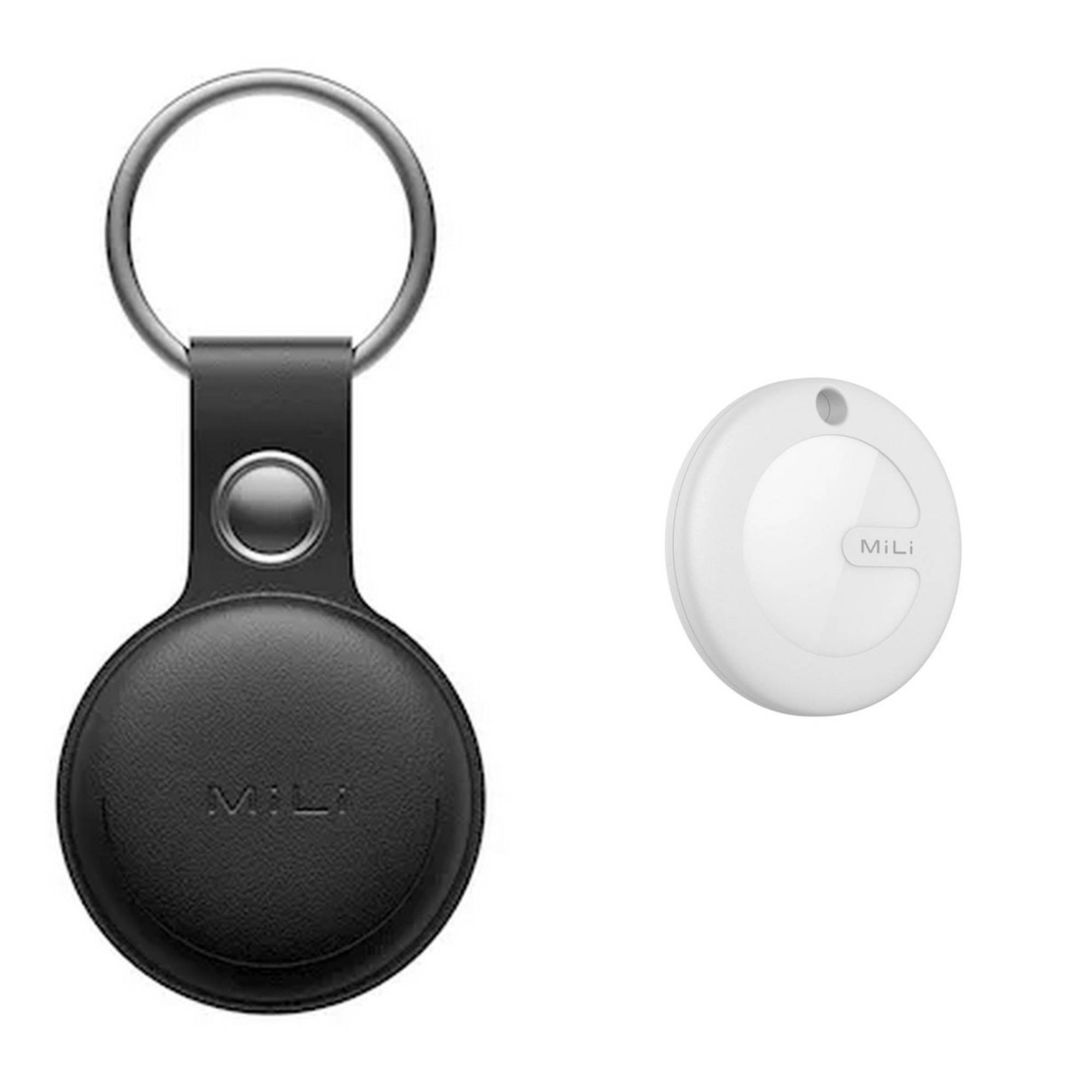 Porte-clés noir avec un tracker MiLi MiTag blanc.