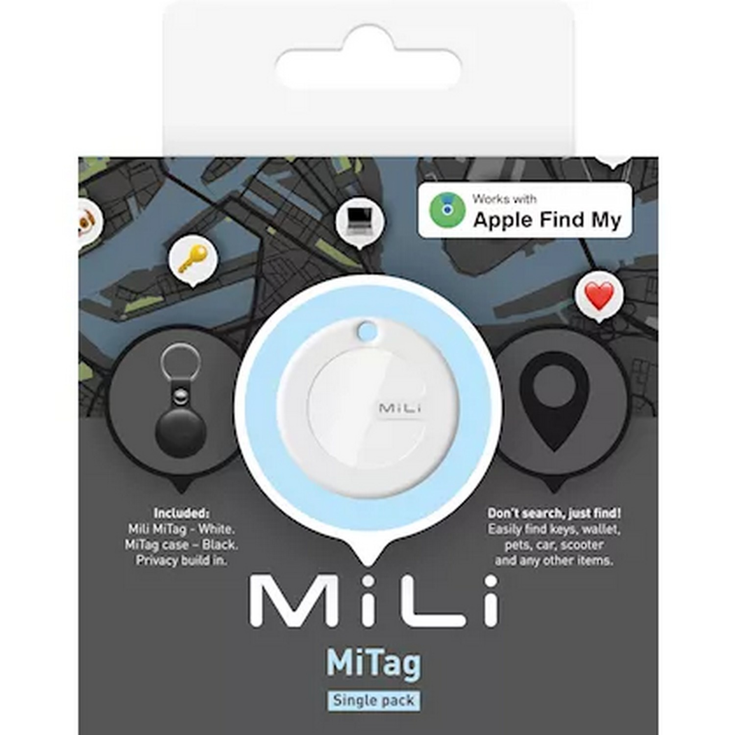 Boîte de suivi MiLi MiTag avec texte et icônes.