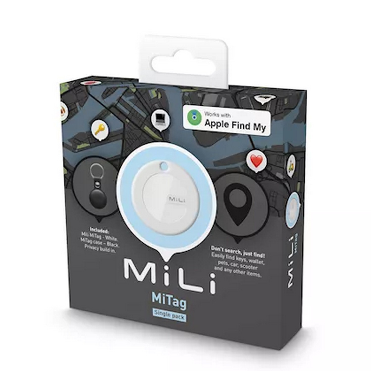 Traqueur MiLi MiTag en boîte; traqueur blanc dessus.