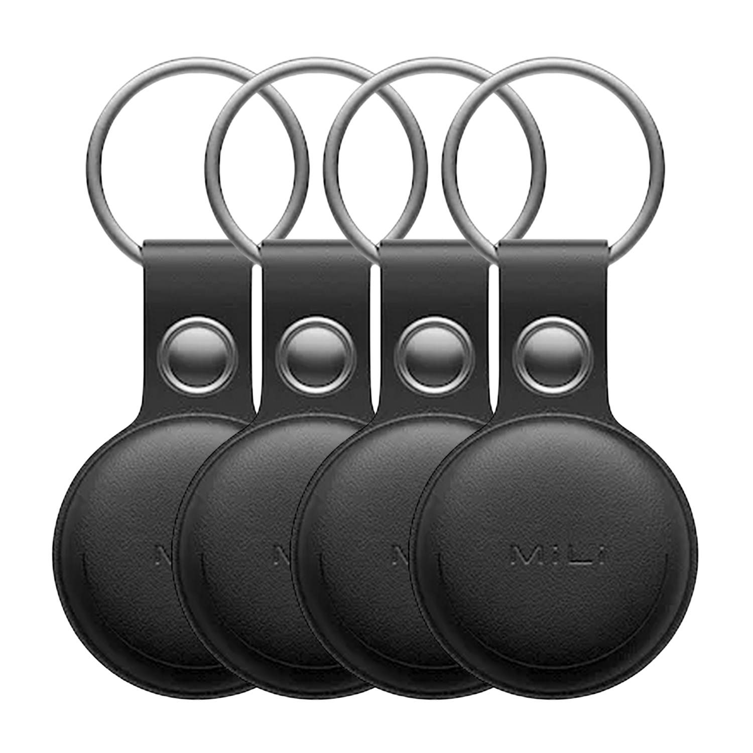 Vier zwarte, cirkelvormige sleutelhangers met een zwarte leren band. Elke sleutelhanger heeft een zilveren ring.