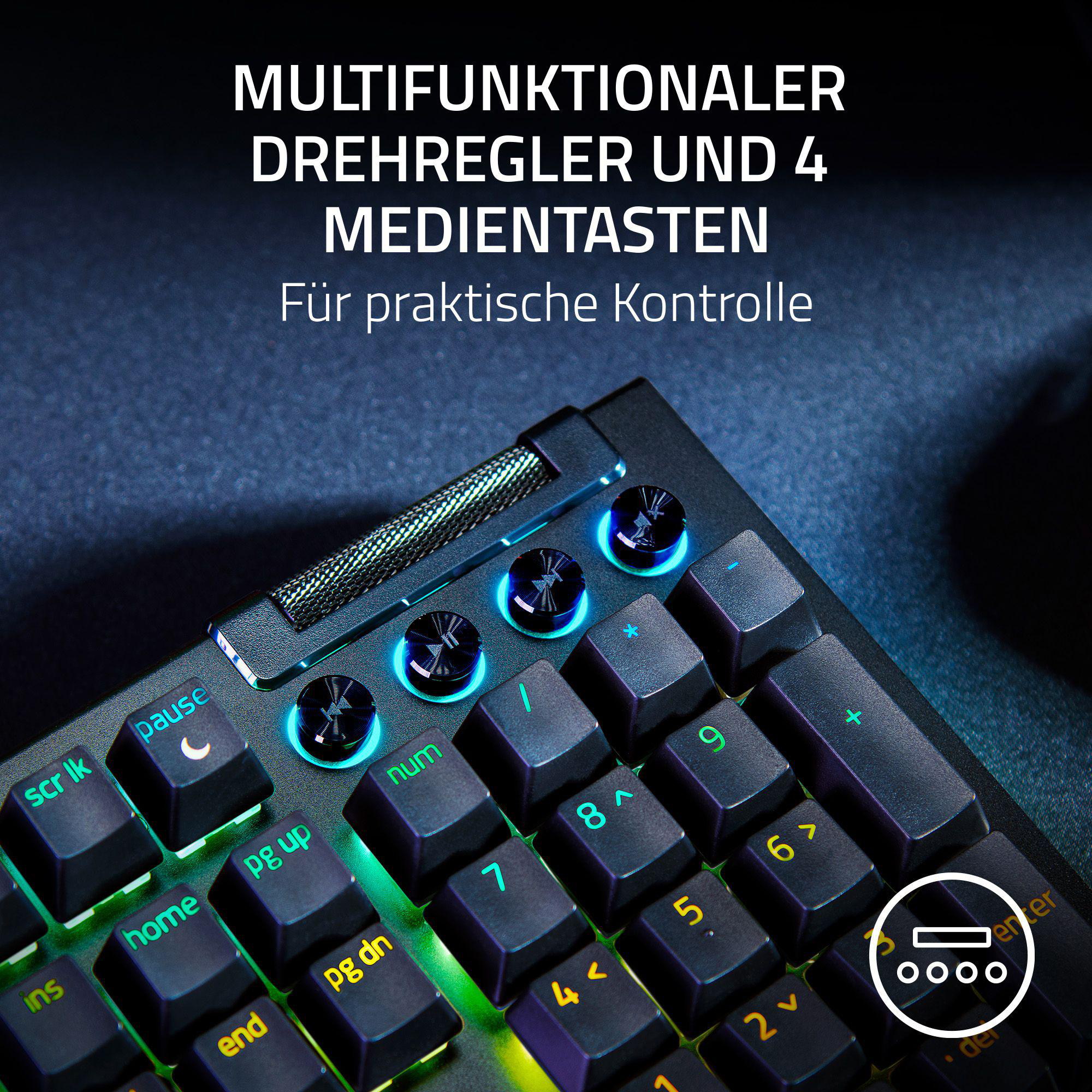 Eine Tastatur mit einer runden Taste und farbigen Tasten.