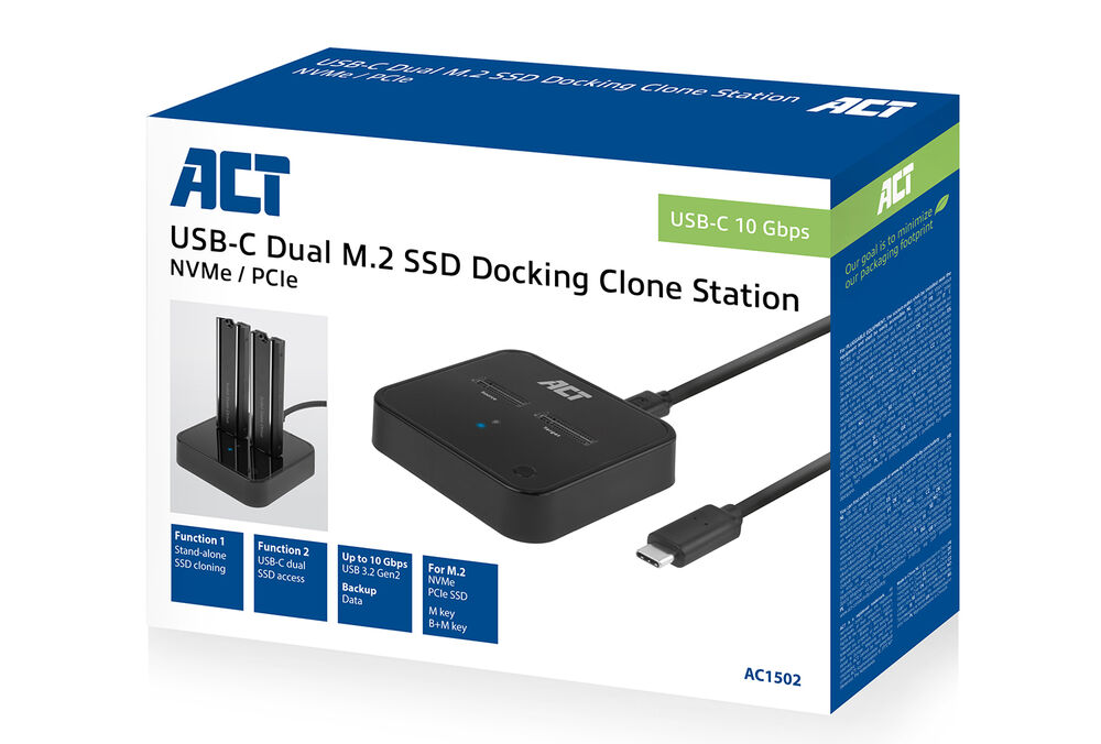 USB-C Dual M.2 SSD Docking Clone Station doboz. Fekete dizájnnal.