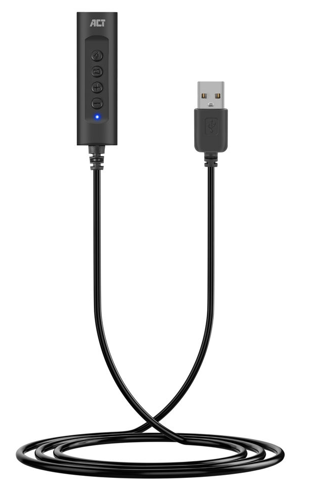 Fekete USB-audióadapter hangerőszabályzókkal és USB-csatlakozóval.