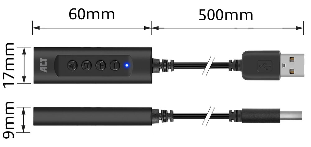 Fekete USB adapter, 60mm és 500mm méretekkel, USB porttal.