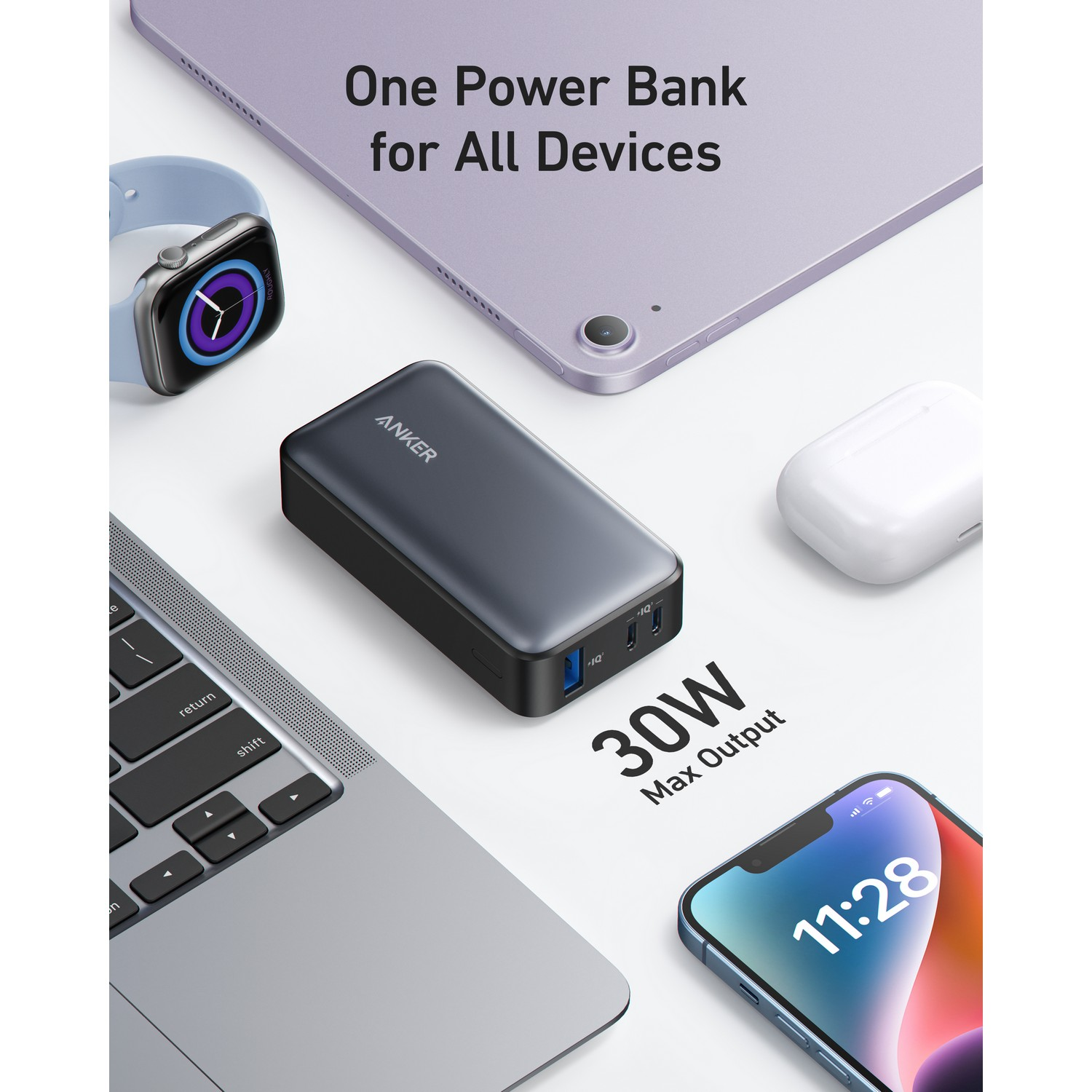 Anker power bank charging multiple devices simultaneously.