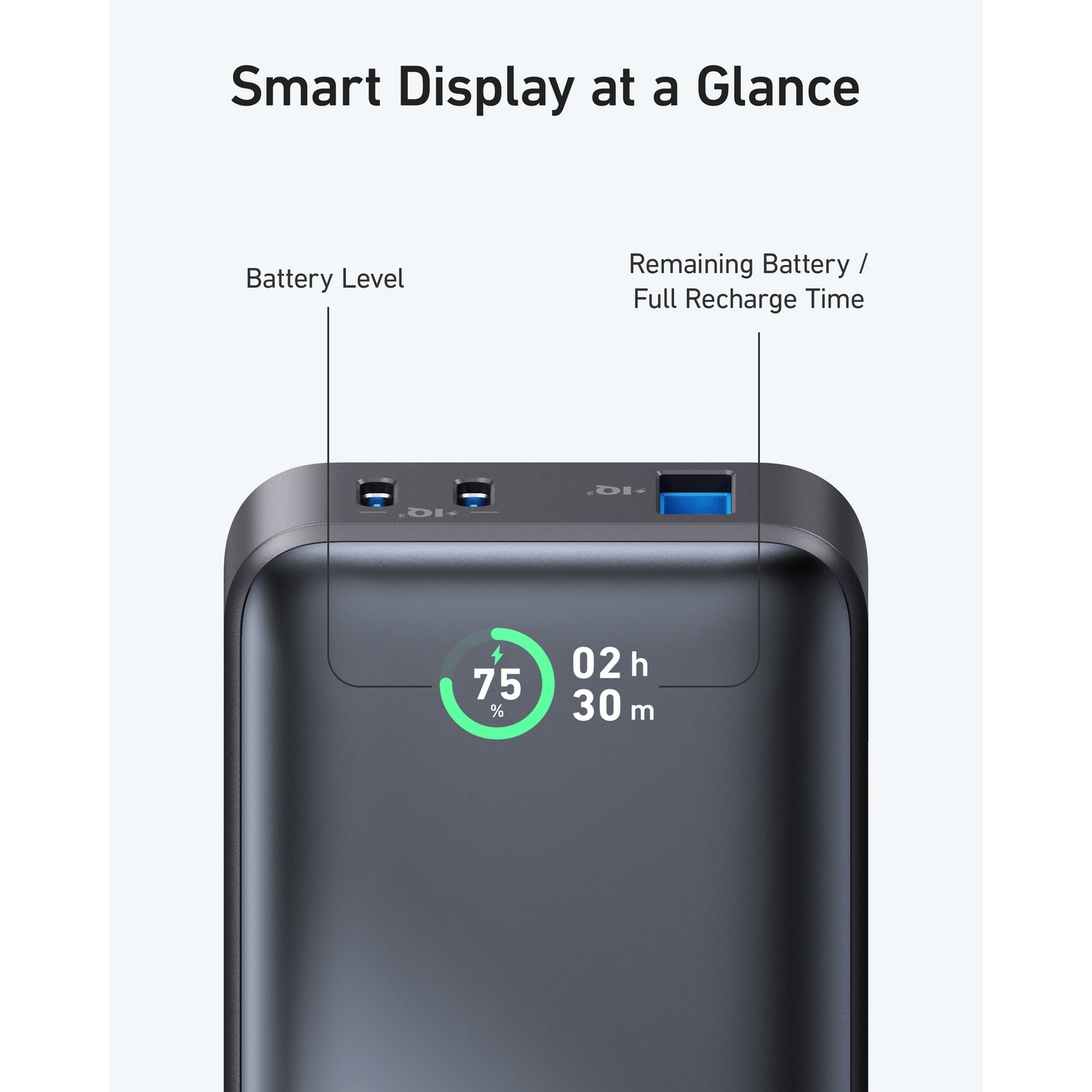 Power bank with display showing battery level and remaining recharge time.
