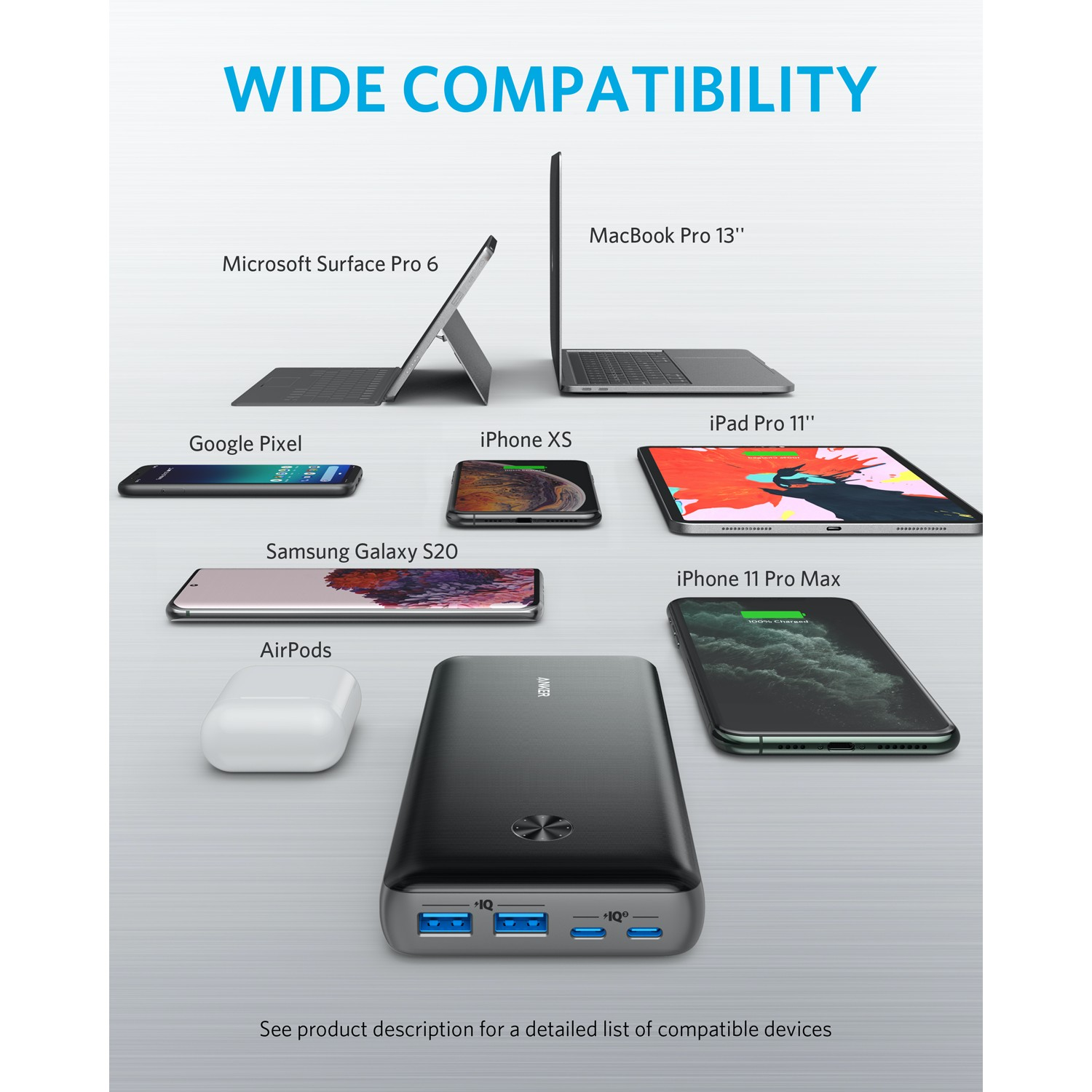 Several devices, including phones and tablets. Wide compatibility is the main theme.