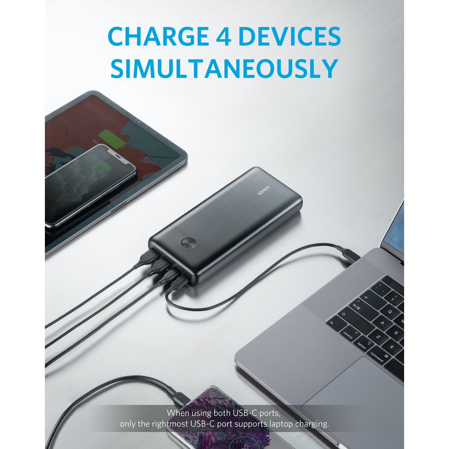 Anker power banks charging and recharging, with a white background.