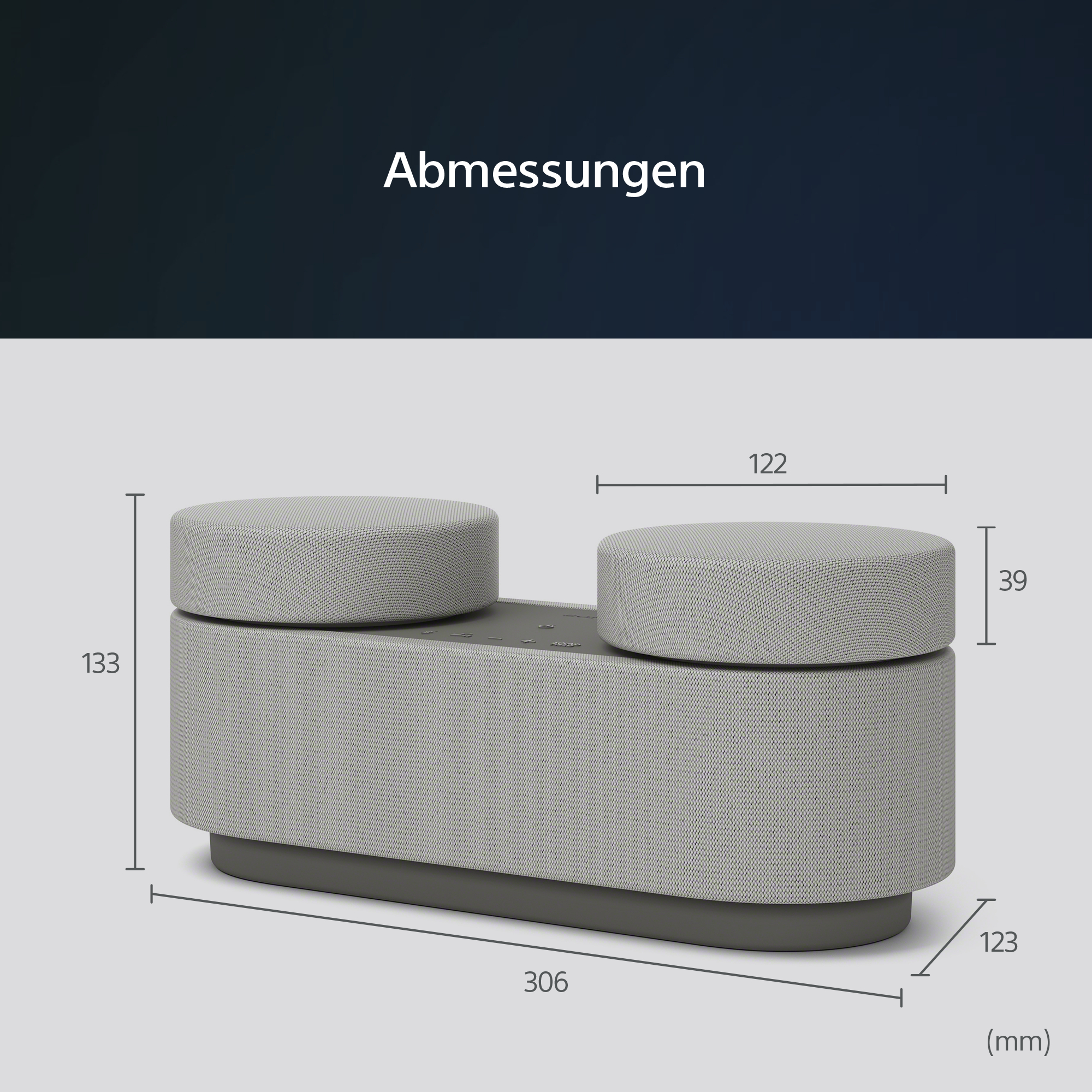 Eine grau gepolsterte Bank mit zwei runden Oberteilen, Abmessungen gezeigt.