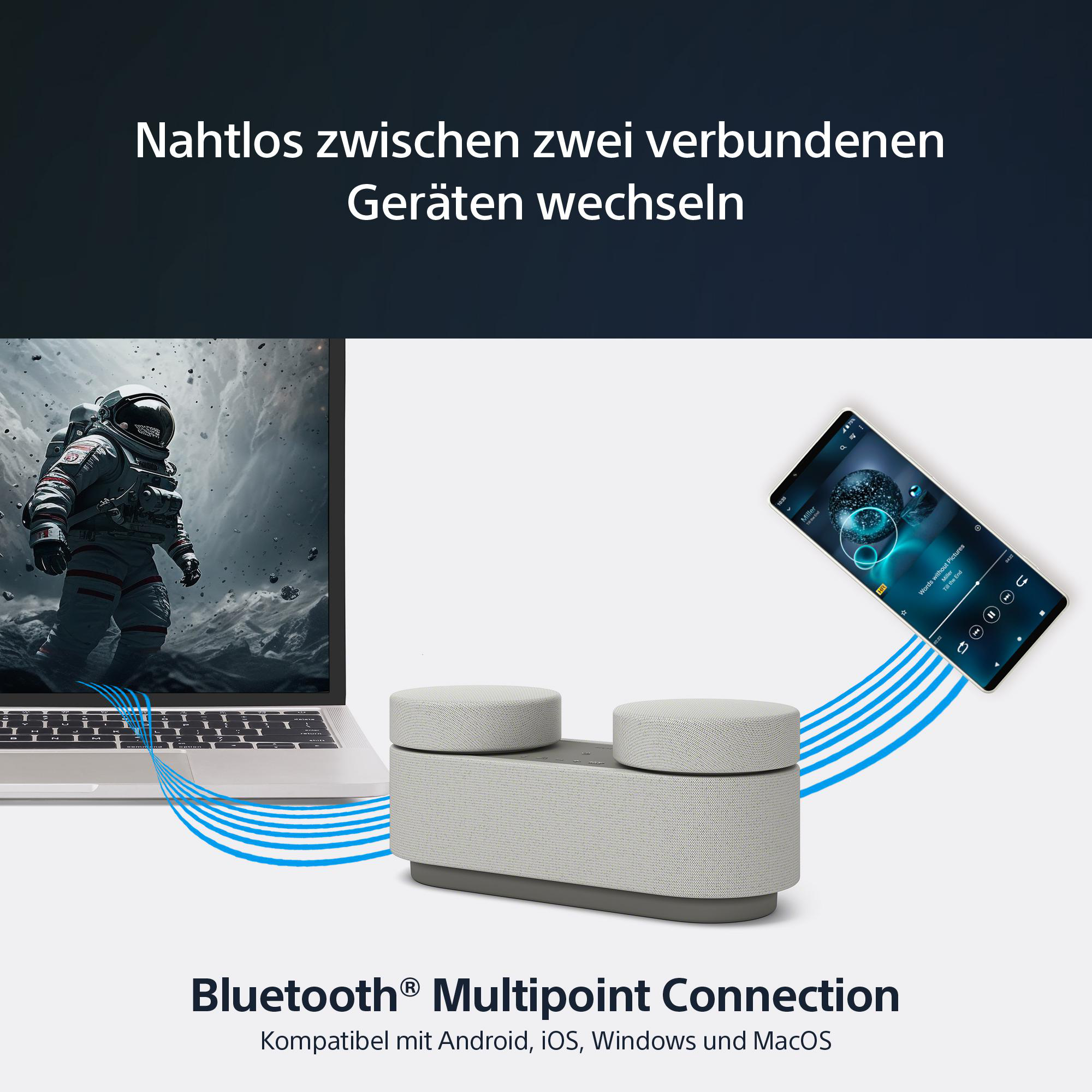 Astronaut am Laptop, Telefon und grauer Lautsprecher. Text: Bluetooth-Multipoint-Verbindung.