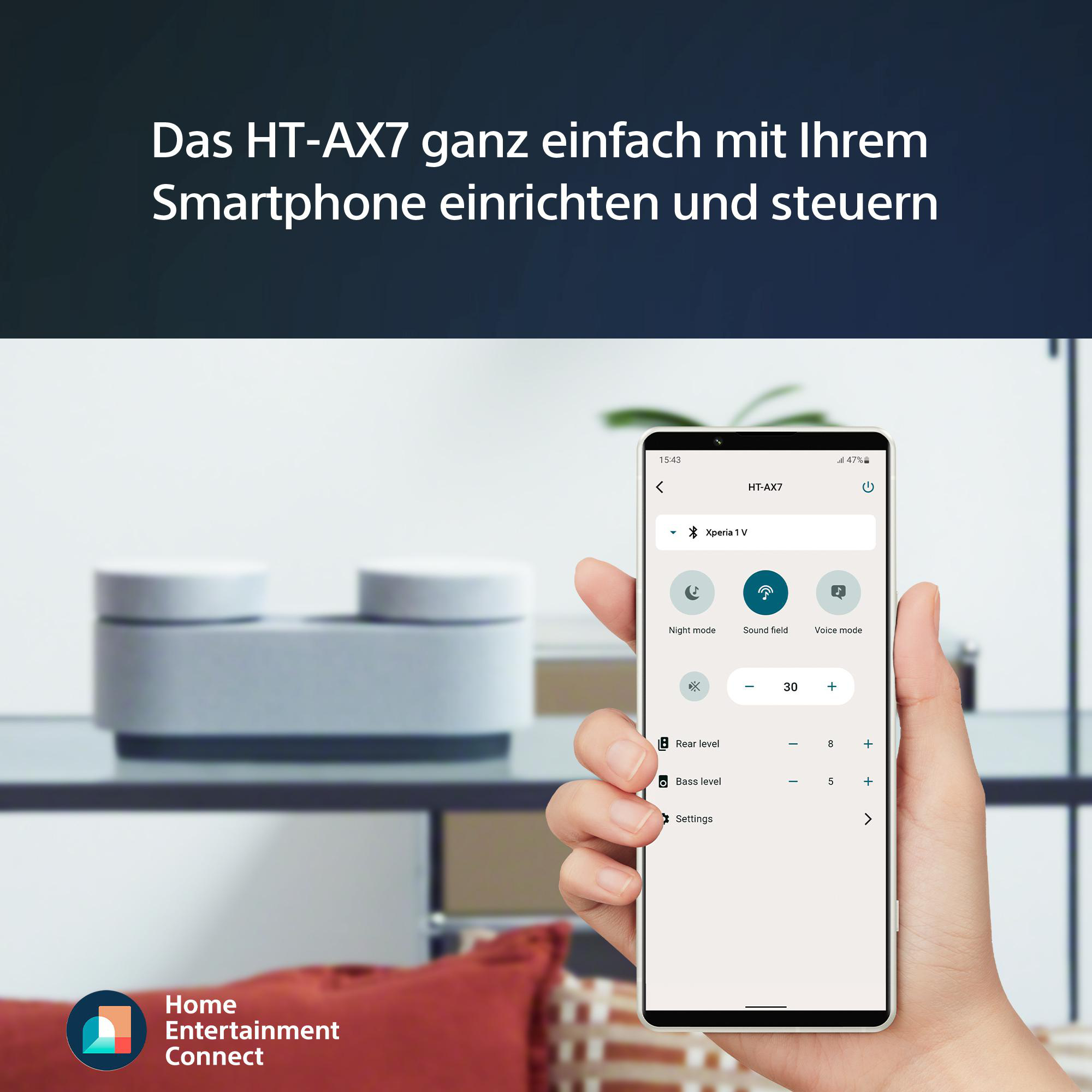 Eine Hand, die ein Smartphone mit einer Soundbar-App hält, mit einer Soundbar und Text im Hintergrund.
