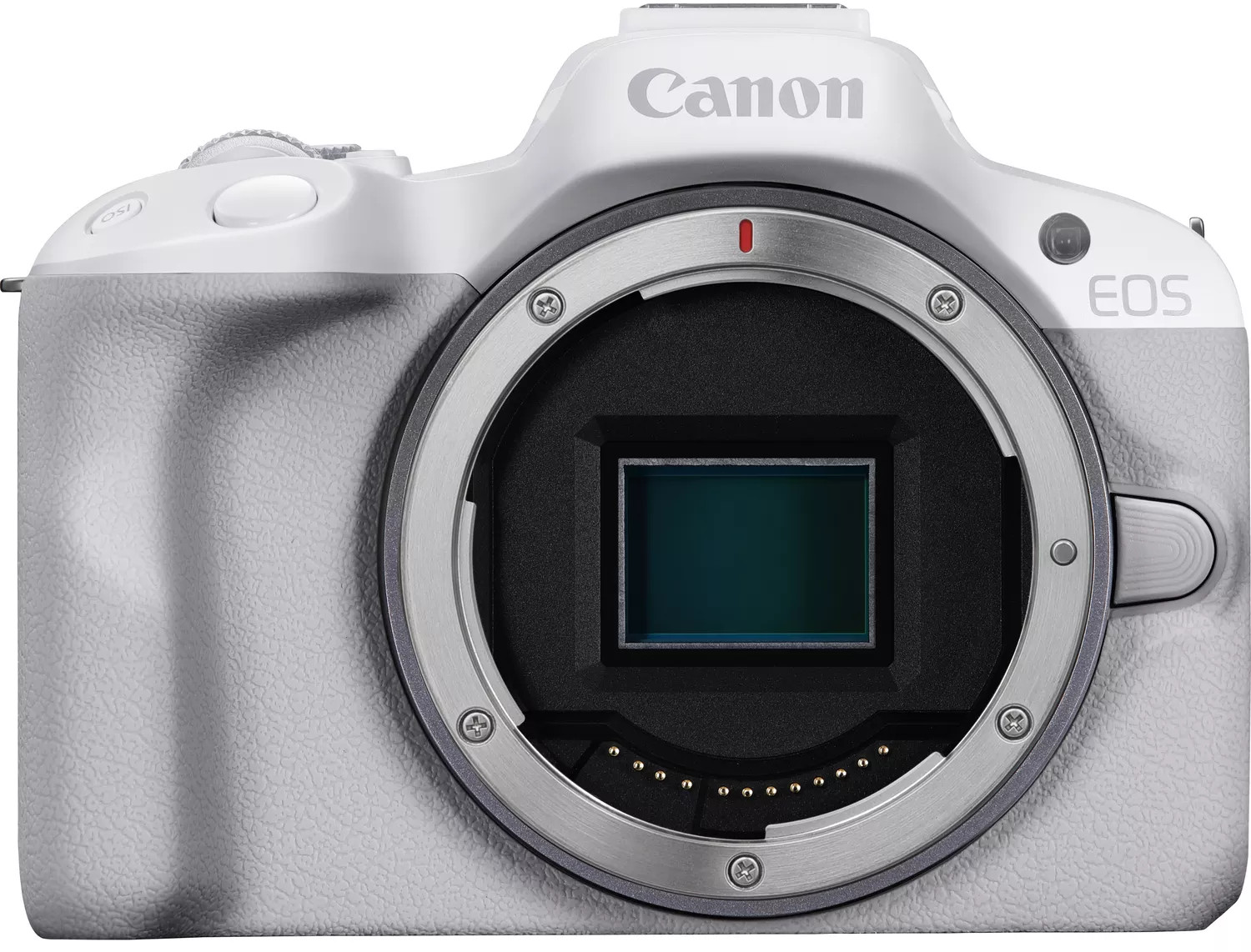 A white and gray Canon EOS camera, with a lens mount and a red dot.