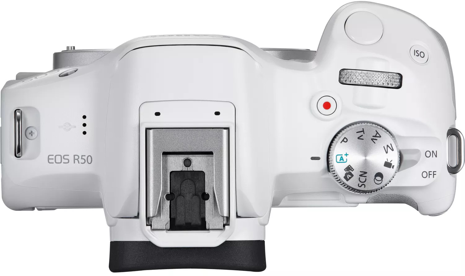 Top view of a white Canon EOS R50 camera with control dials, buttons, and the "EOS R50" marking.
