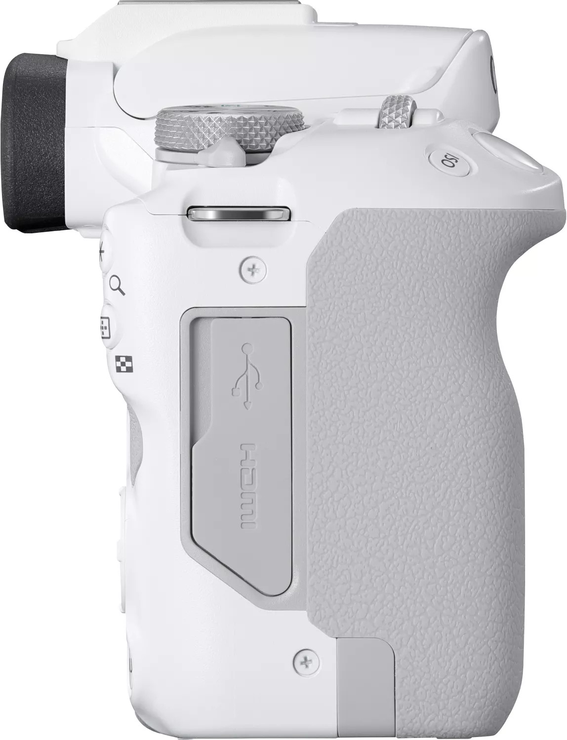White camera side view showing USB and HDMI ports, and a textured grip.