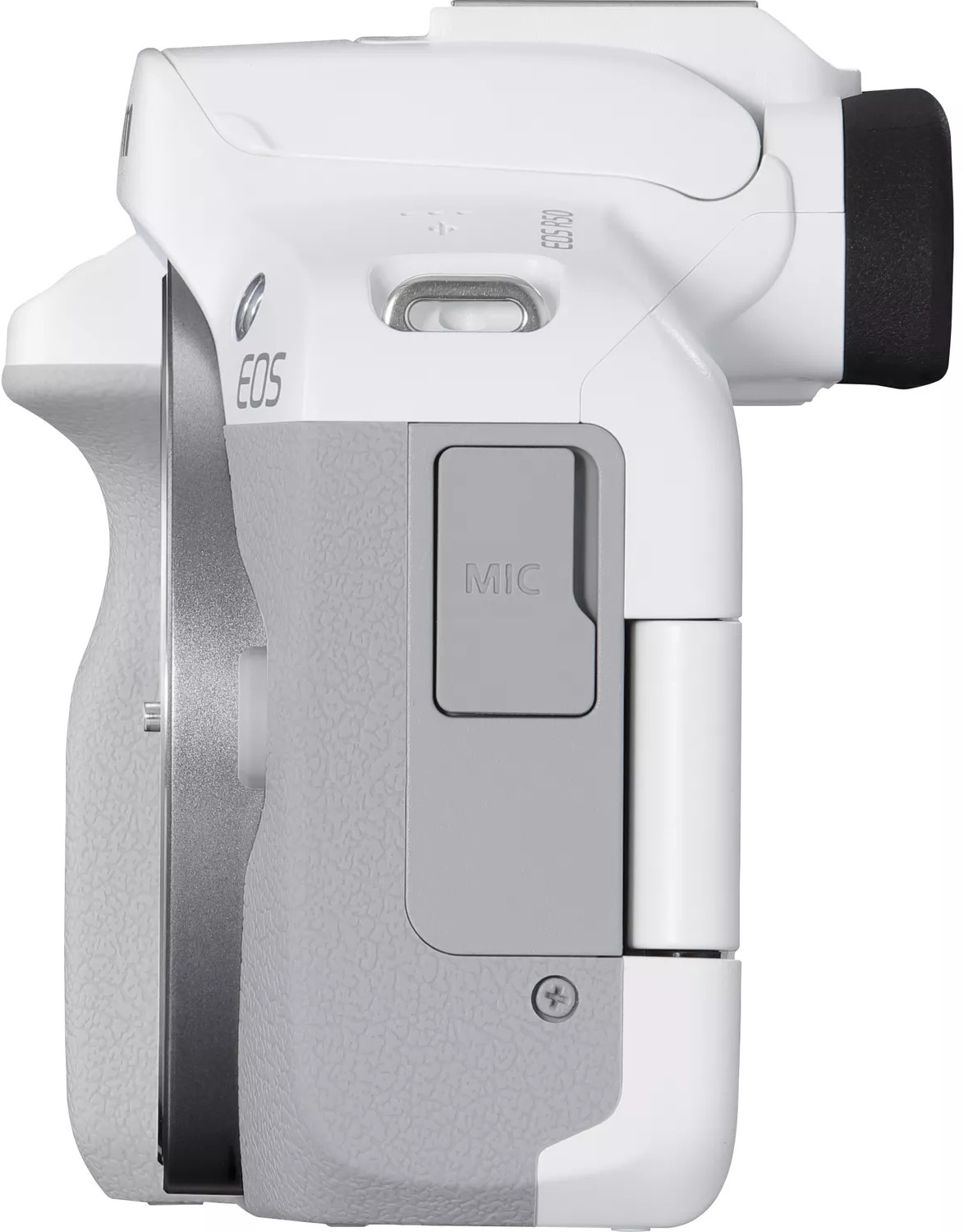 White and gray camera side view, with the MIC input visible.