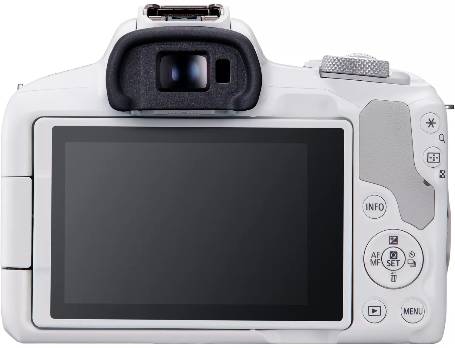 The rear view of a white camera with a black screen, buttons, and a viewfinder.