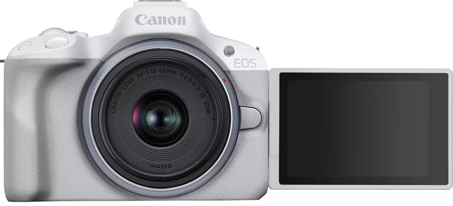White and gray Canon camera with a screen open. Lens in the middle.