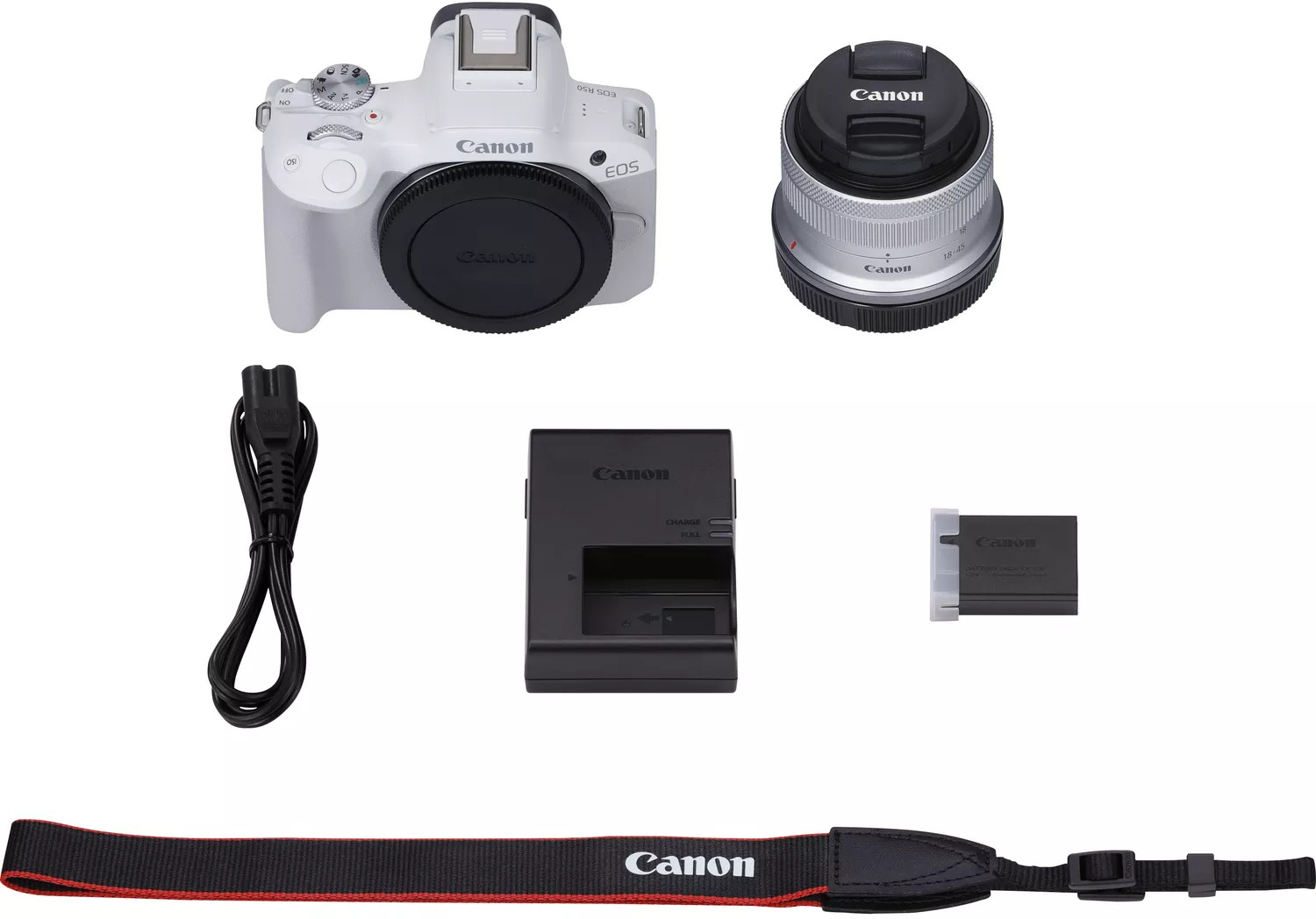 White Canon camera kit with lens, charger, battery, and strap.