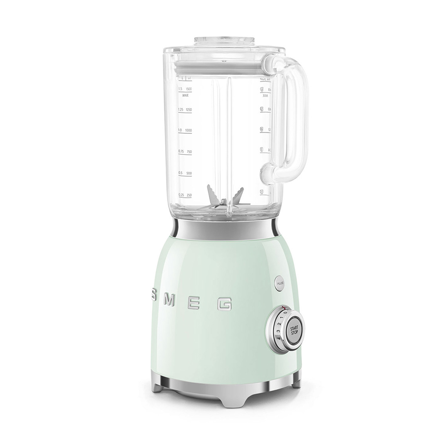 Un frullatore verde menta con caraffa trasparente e dettagli cromati.