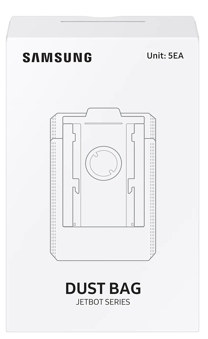 Białe pudełko ze szkicem worka do odkurzacza, logo Samsung.