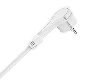 Biały przewód zasilający z wtyczką, zagięty na końcu. Na białym tle.