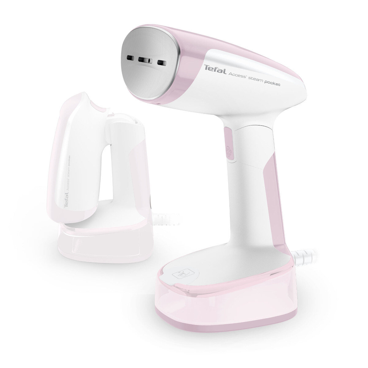 Różowo-biała parownica do ubrań ze stojakiem na białym tle, zdjęcie studyjne.