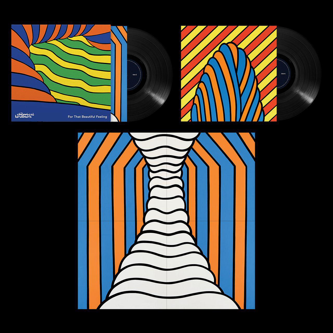 Albumcover-Kunst mit drei Schallplatten. Buntes abstraktes Design mit Text.