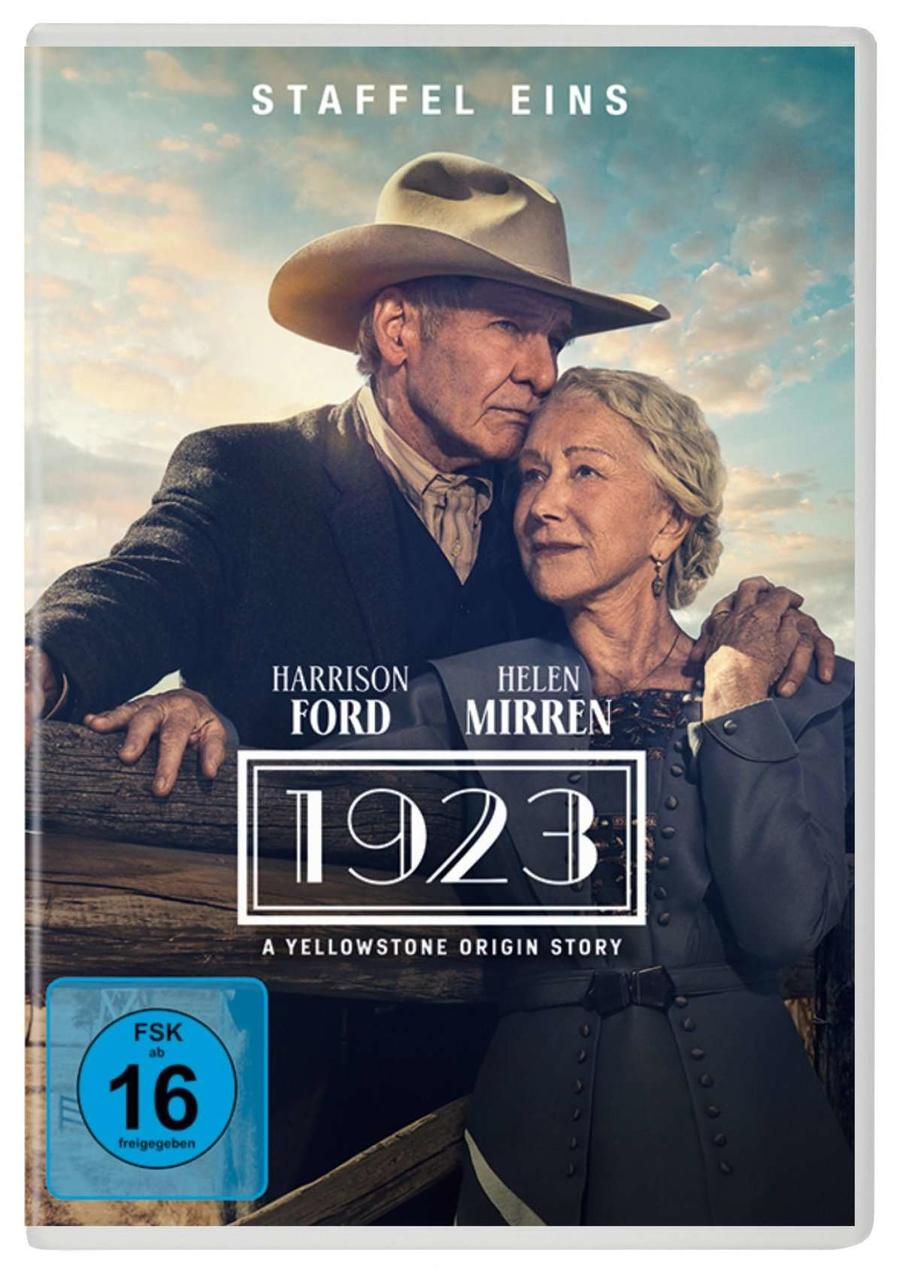 Harrison Ford und Helen Mirren auf einem DVD-Cover für 1923, eine Yellowstone-Ursprungsgeschichte.