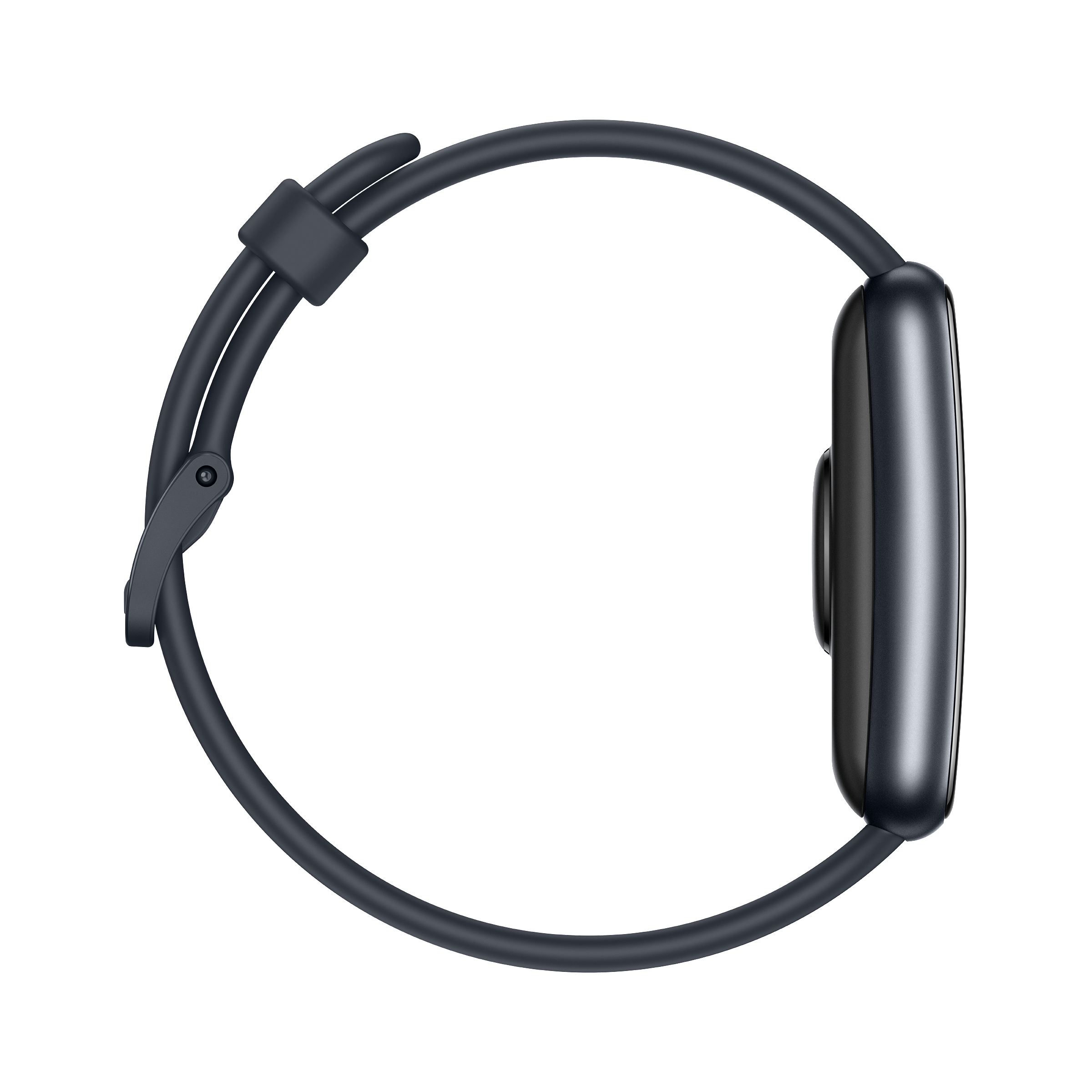 Eine schwarze Smartwatch mit dunklem Armband, von der Seite vor weißem Hintergrund betrachtet.
