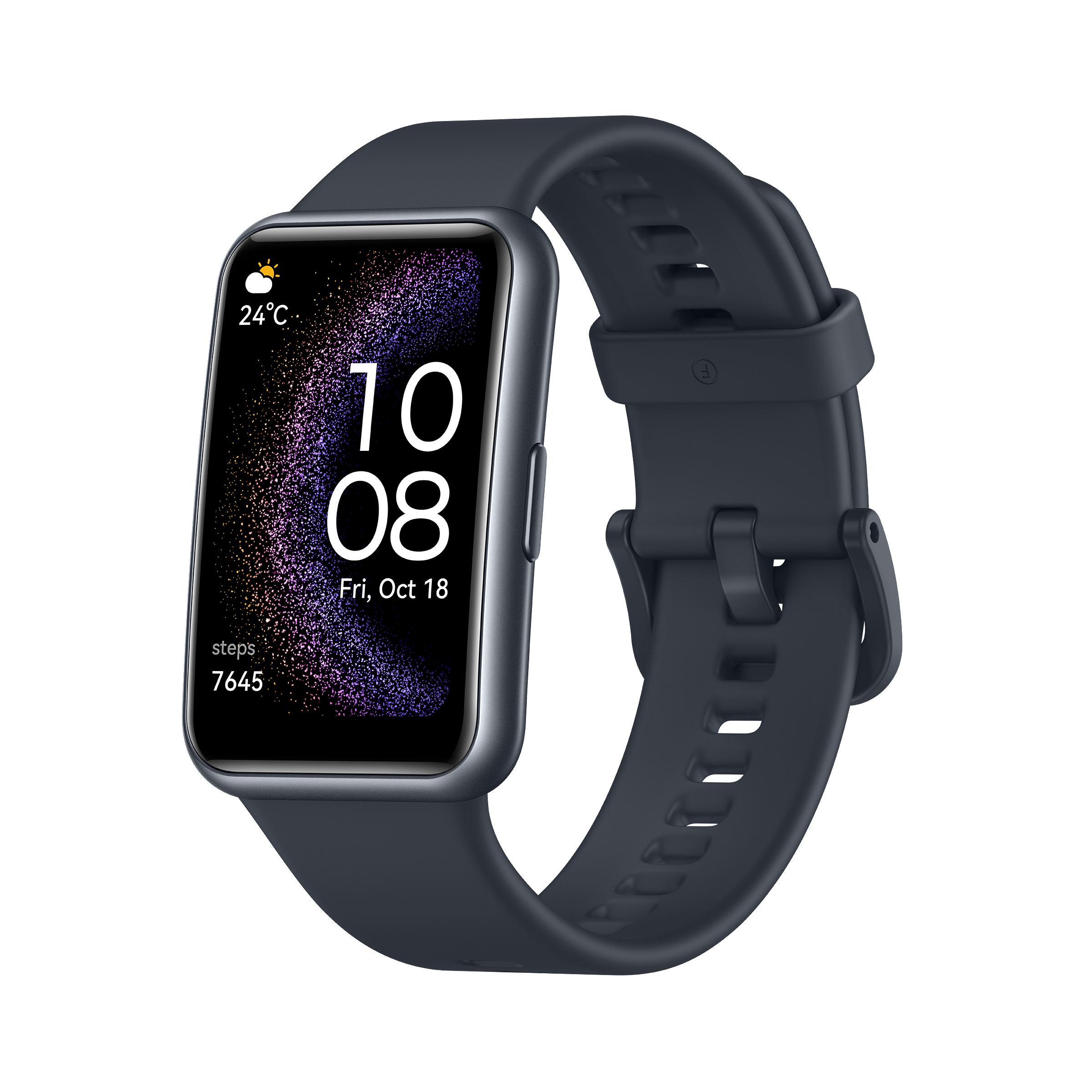 Eine schwarze Smartwatch mit dunklem Display, das die Zeit und Schritte anzeigt, mit schwarzem Armband.