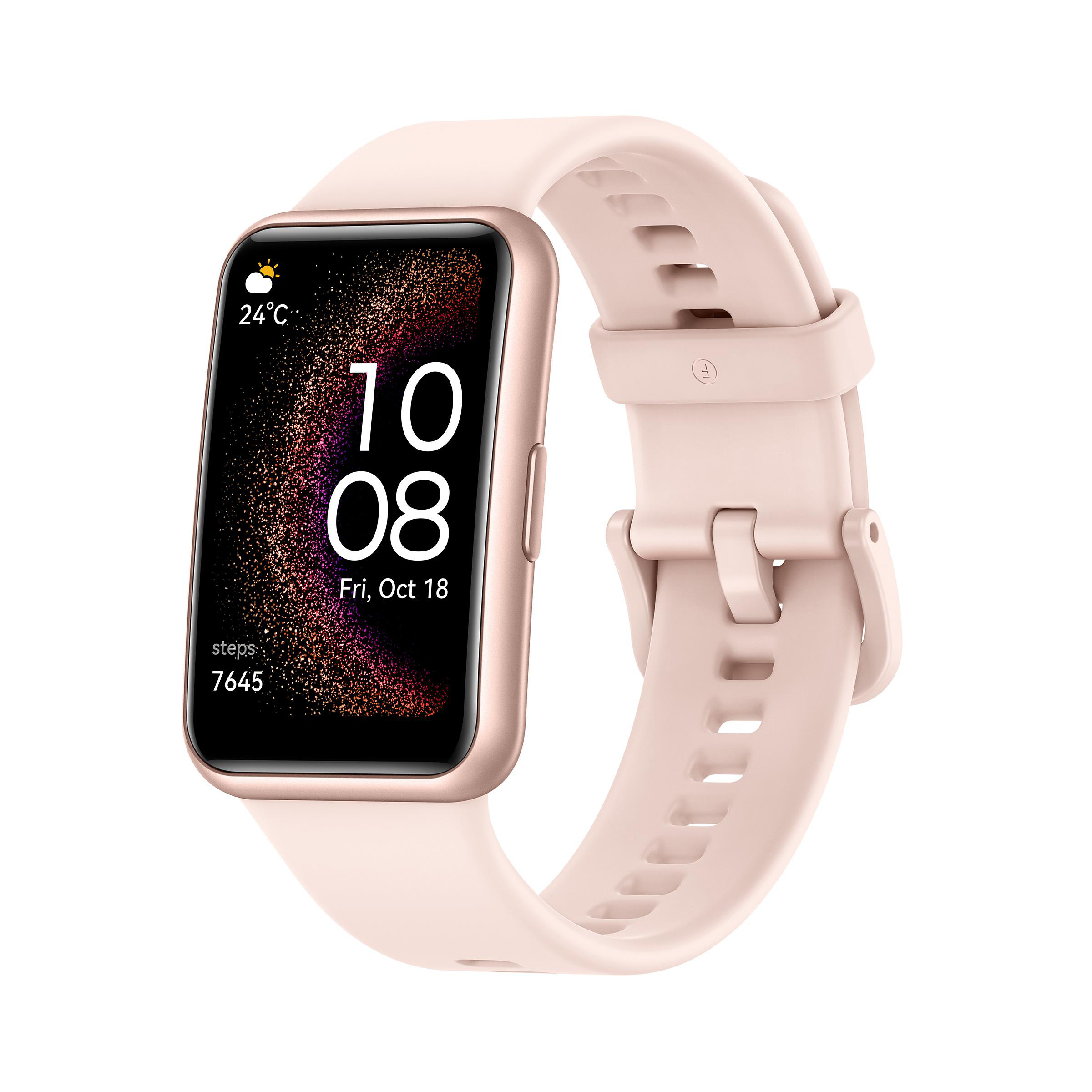 Eine rosa Smartwatch auf weißer Oberfläche, die Uhrzeit, Datum und Schritte anzeigt, vor weißem Hintergrund.