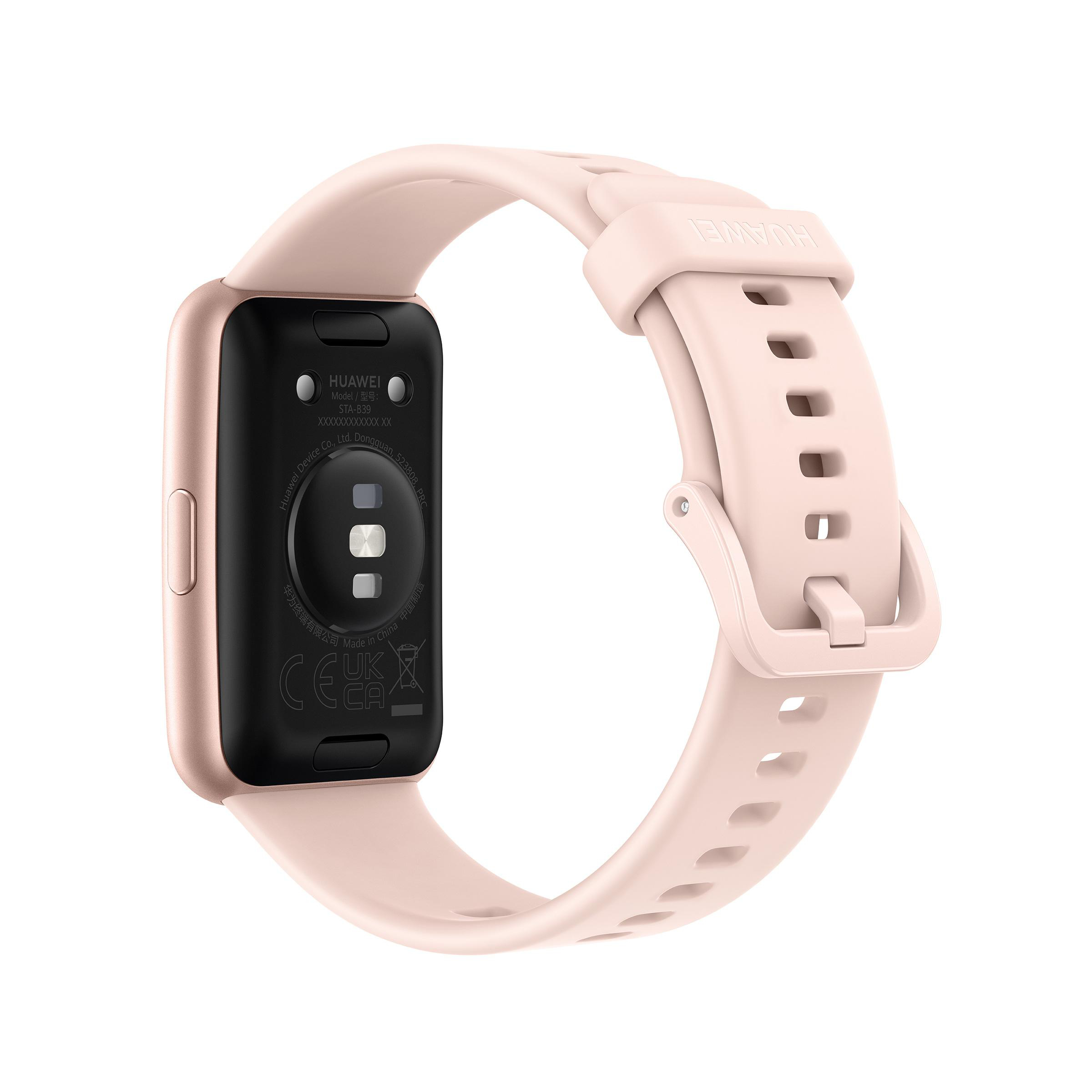 Ein rosa Huawei Smartband mit rosa Armband. Das Band wird von hinten gezeigt und zeigt die Sensoren.