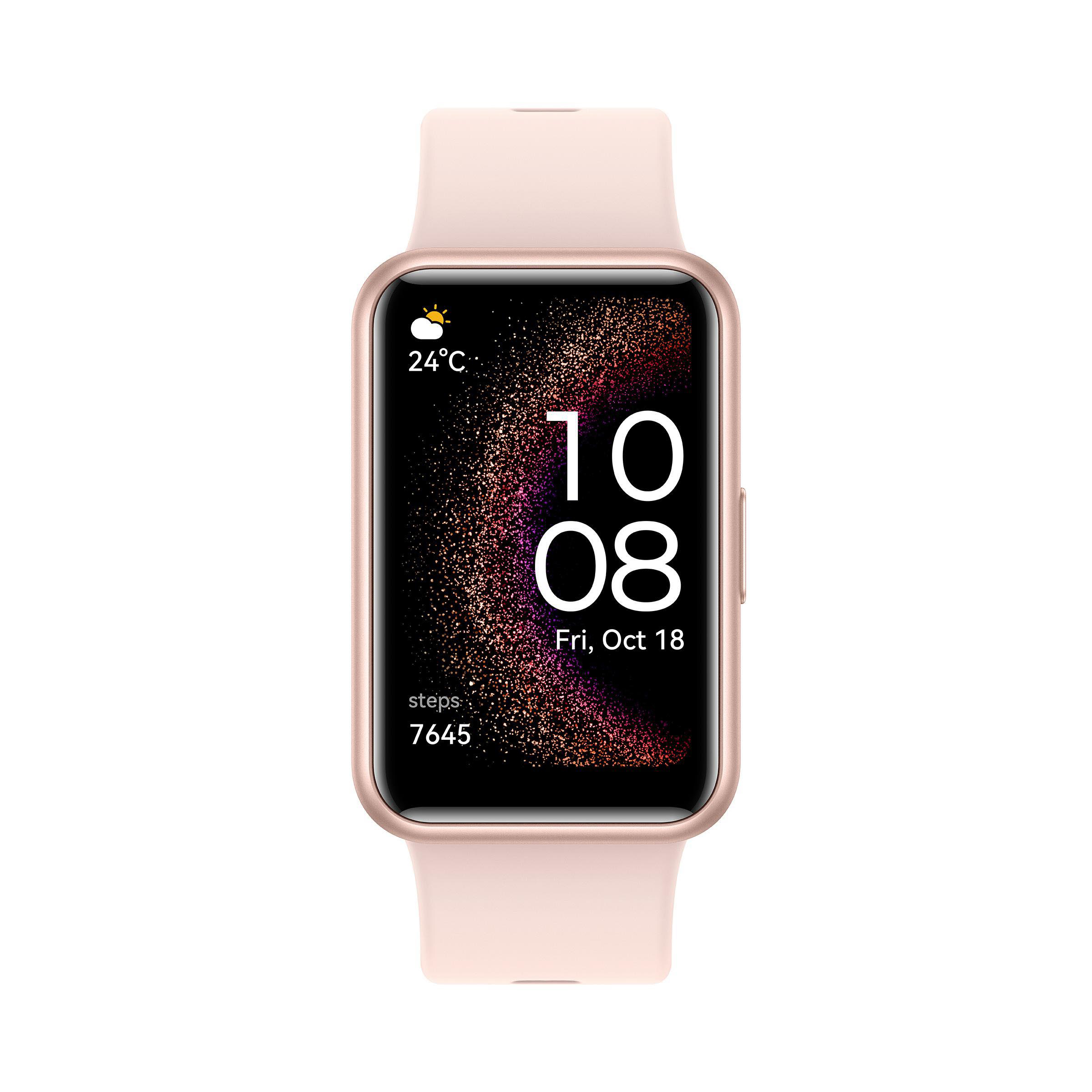 Rosa Smartwatch zeigt Zeit, Datum und Wetter, mit einem hellrosa Armband. Schwarzer Bildschirm hat rosa und lila Muster.