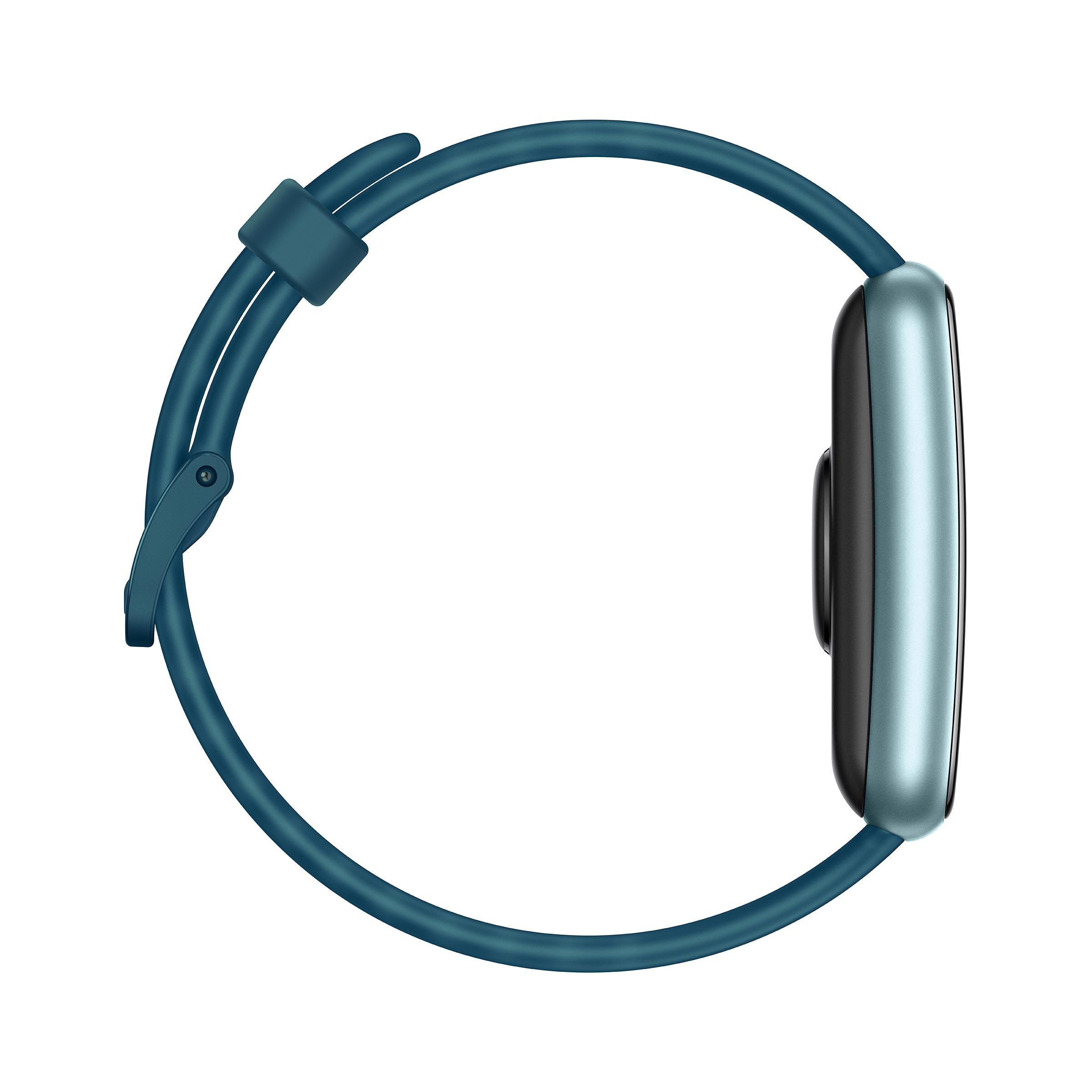Eine türkisfarbene Smartwatch mit türkisfarbenem Armband, Seitenansicht, isoliert.