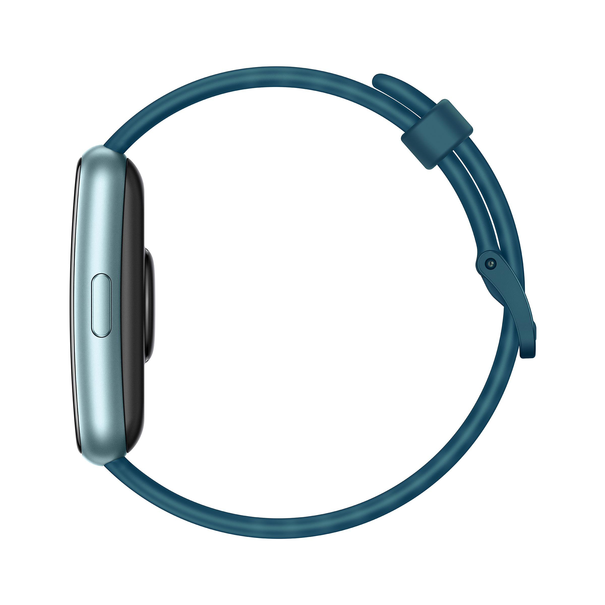 Eine Smartwatch von der Seite, mit einem blauen Armband und einem Bildschirm mit schwarzem Rahmen, auf weißem Hintergrund.