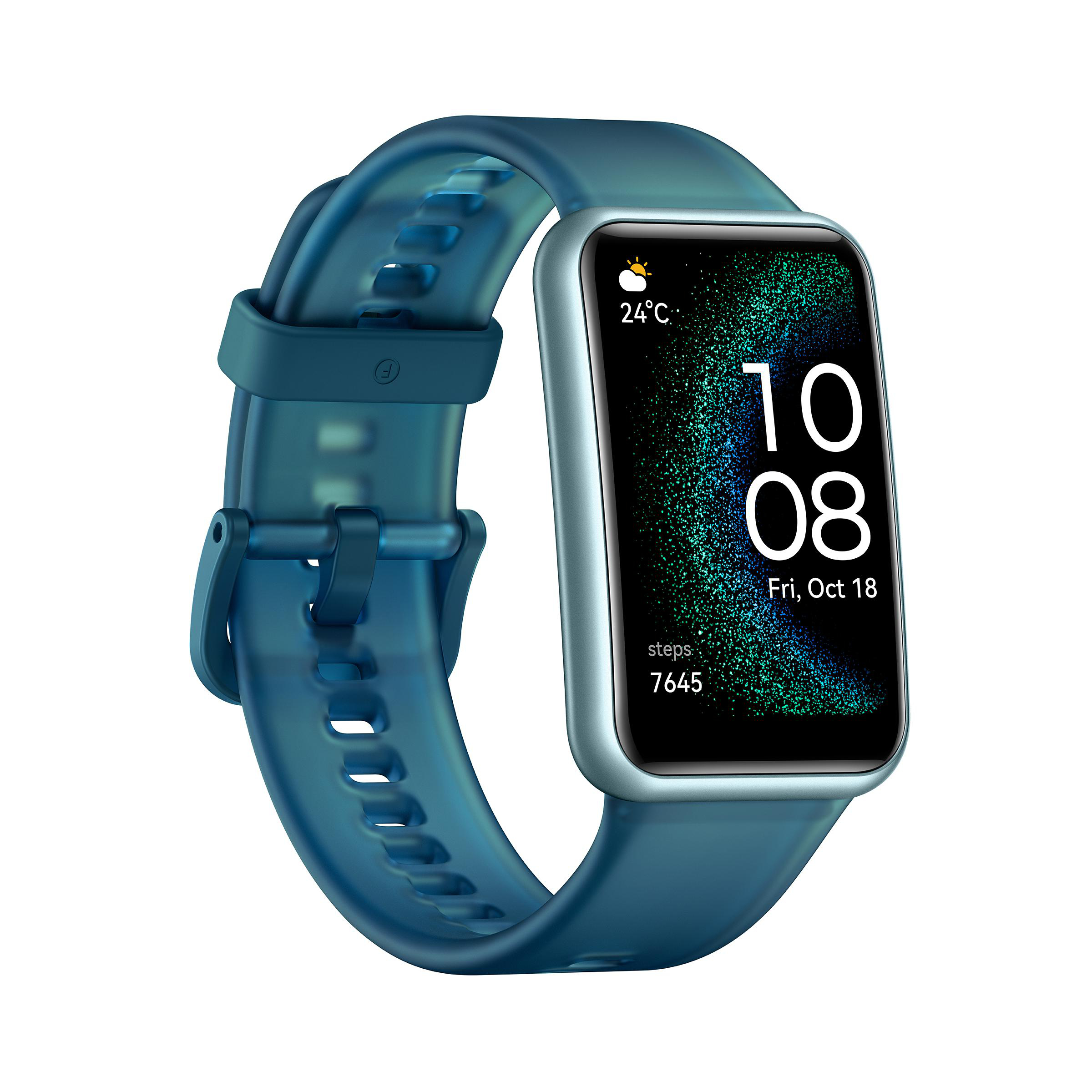 Eine blaue Smartwatch mit Zeitanzeige. Sie hat ein blaues Armband.