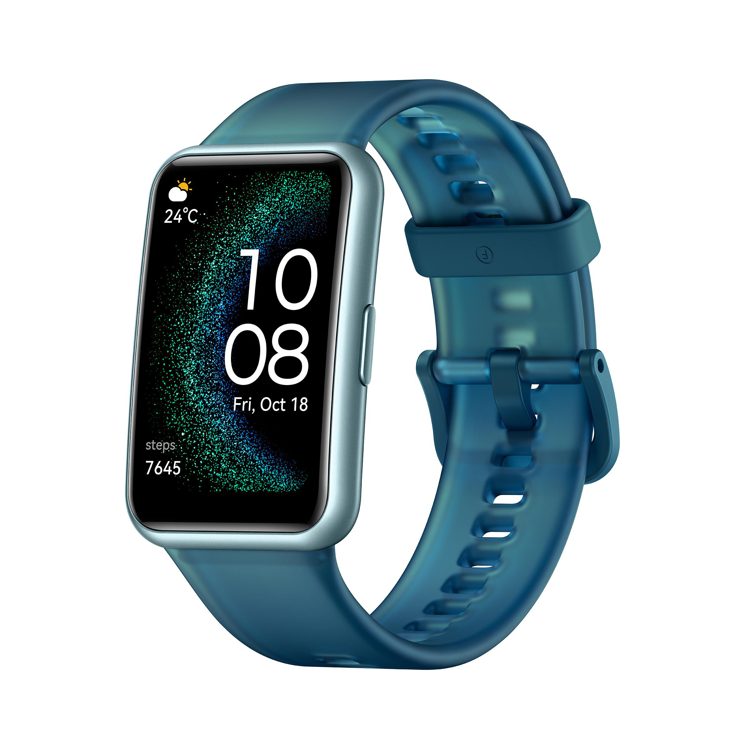 Eine blaue Smartwatch, die Zeit, Datum und Schritte anzeigt, mit blauem Armband.