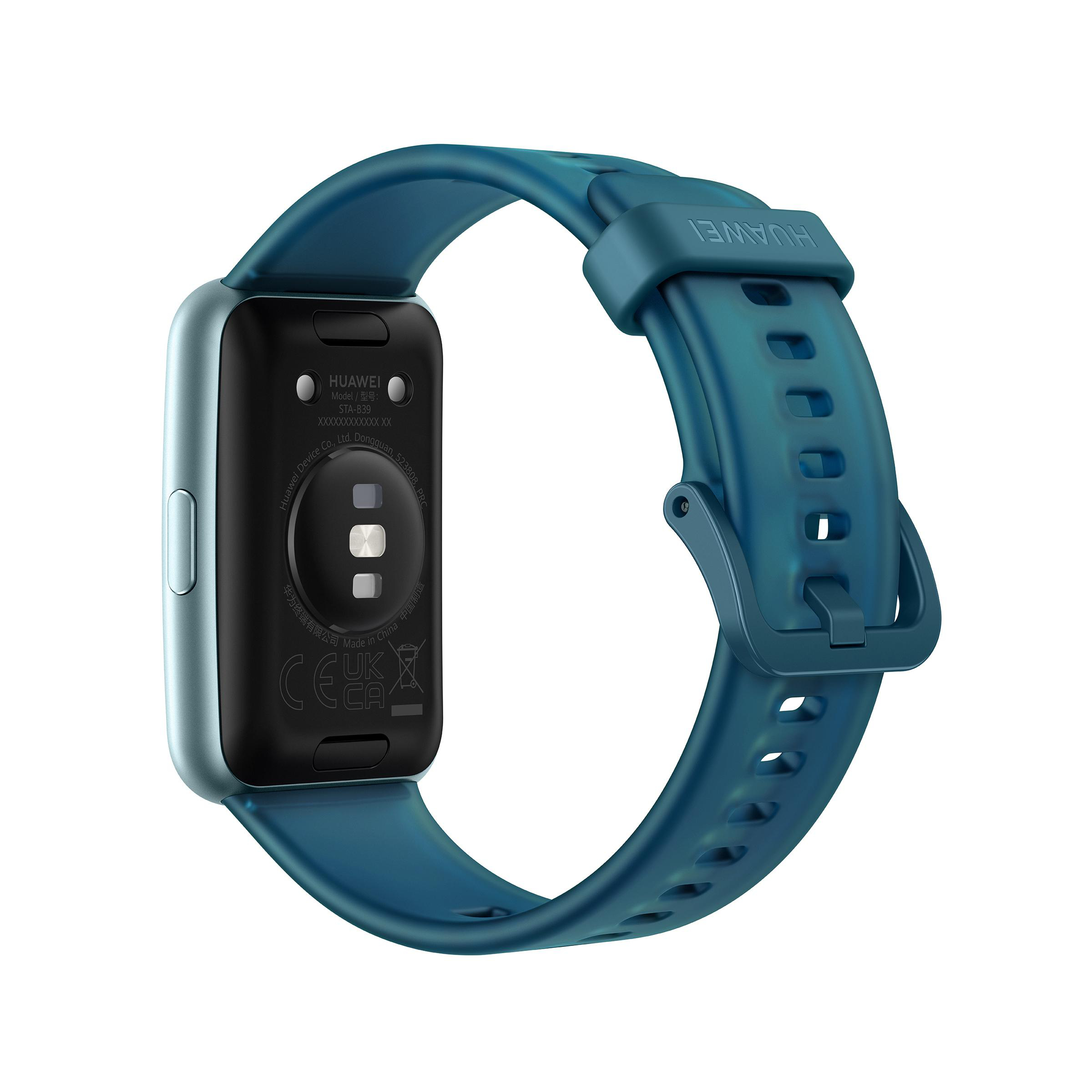 Blaue Smartwatch mit tealfarbenem Armband und schwarzer Rückseite. HUAWEI-Logo sichtbar.